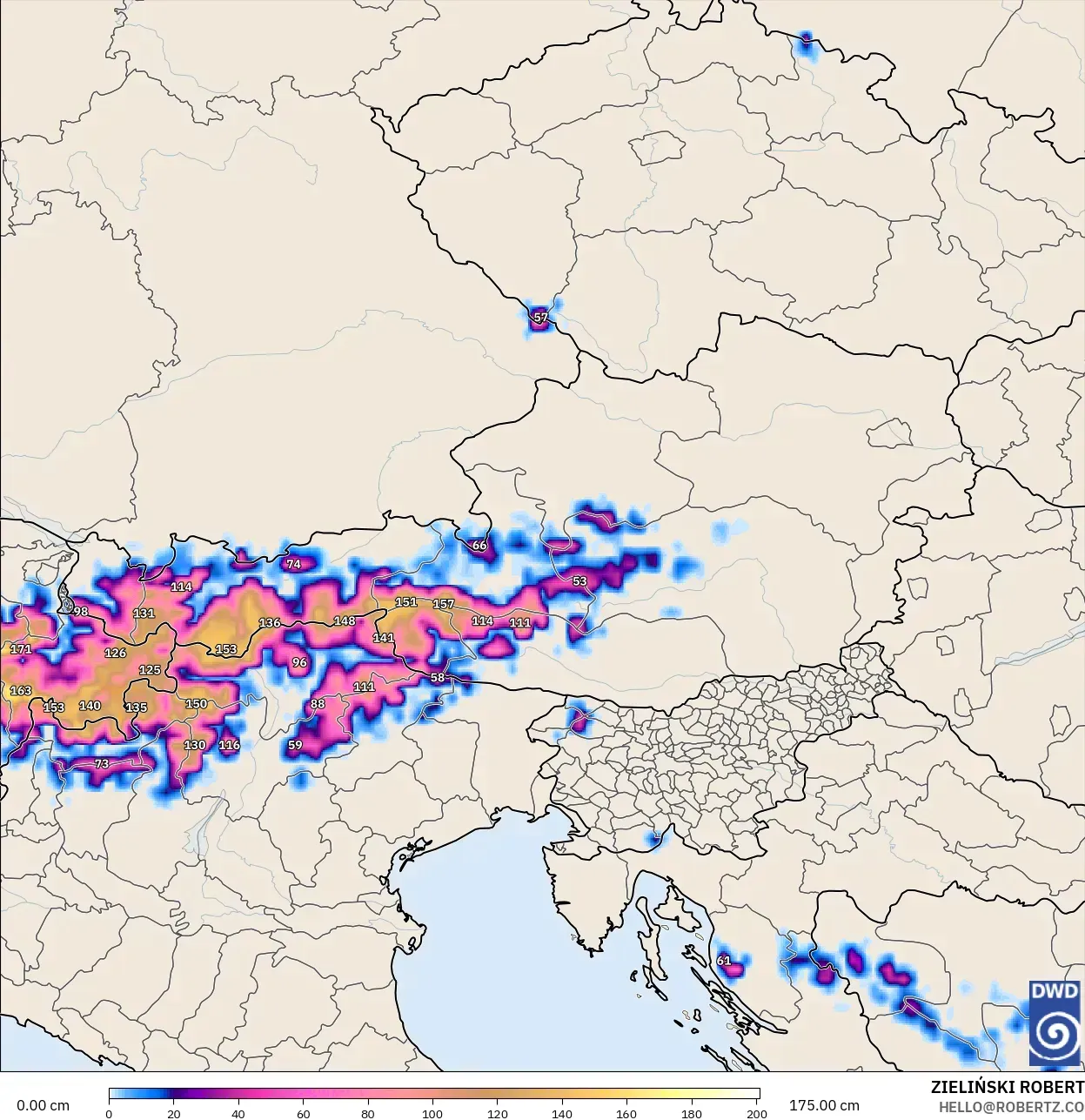 ICON modelo - Austria, Profundidad de nieve
