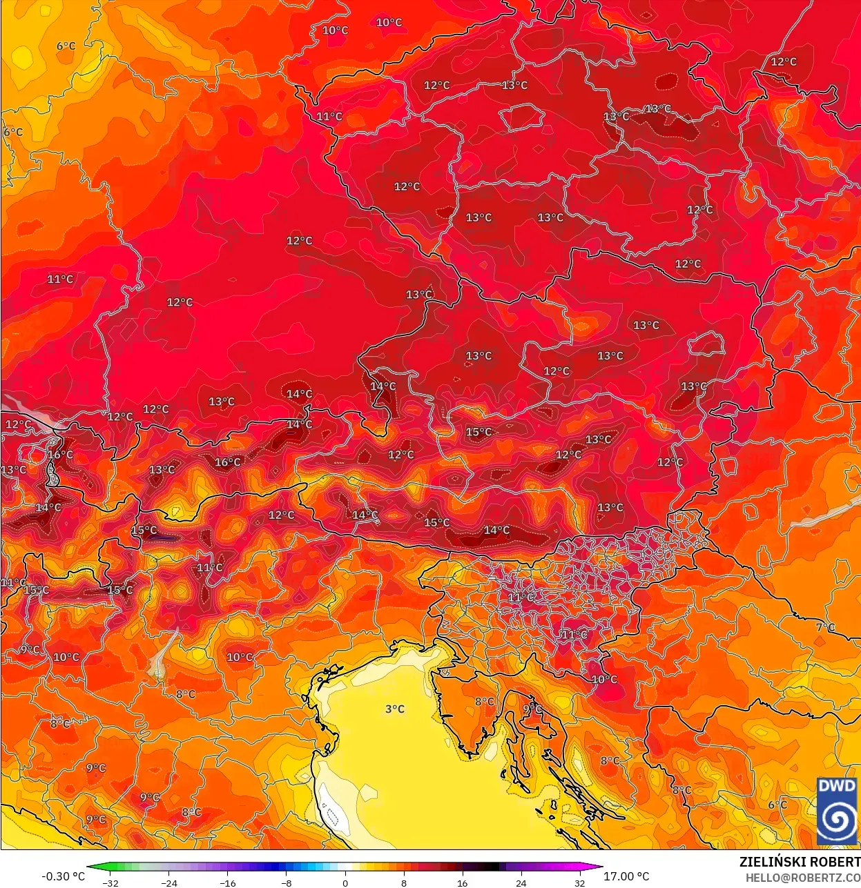 ICON modelo - Austria, Anomalía de temperatura a 2 m
