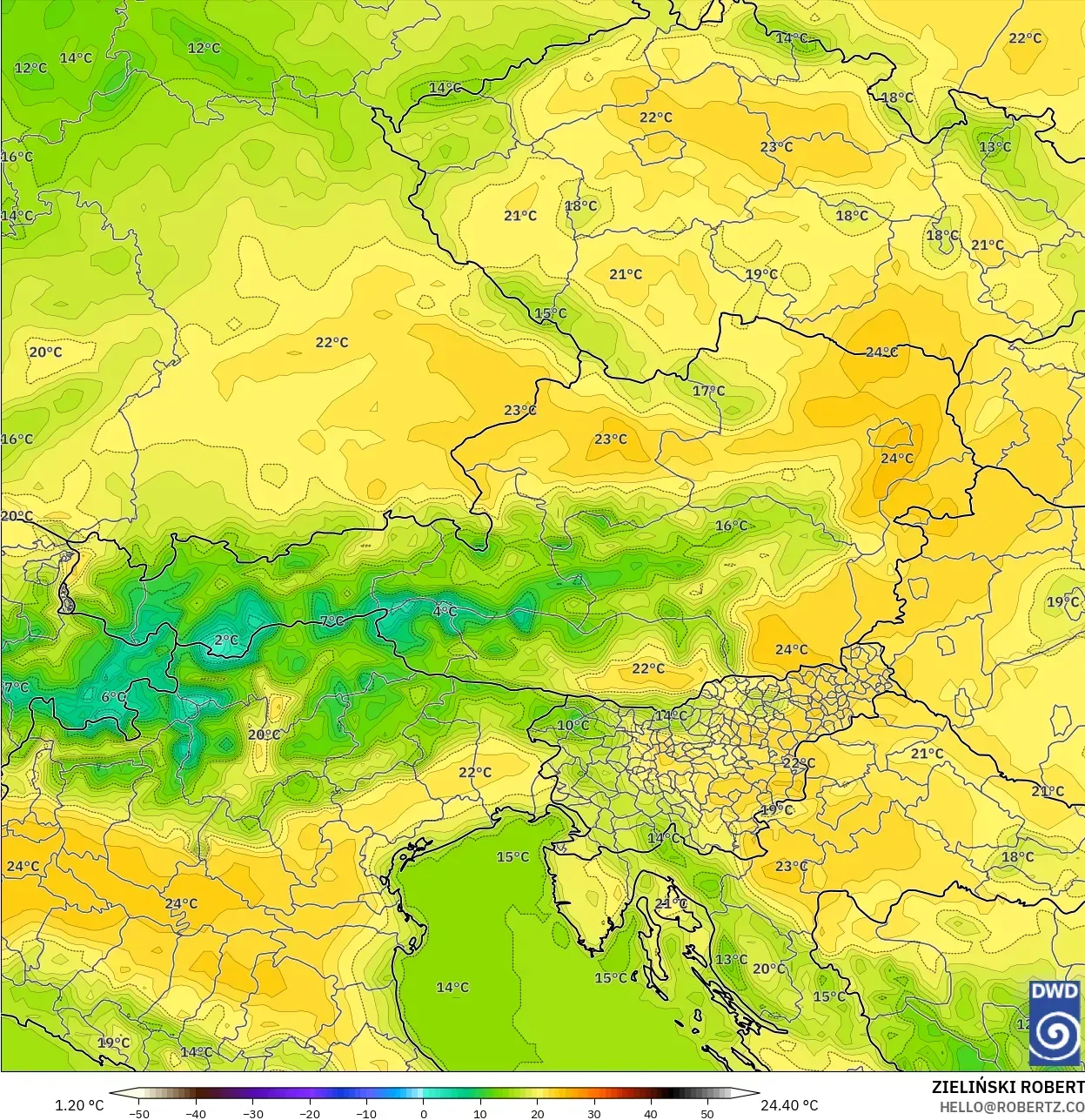 ICON modelo - Austria, Temperatura a 2 m