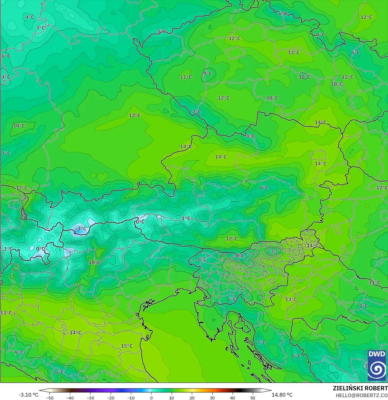 ICON modelo - Austria, Temperatura a 850 hPa