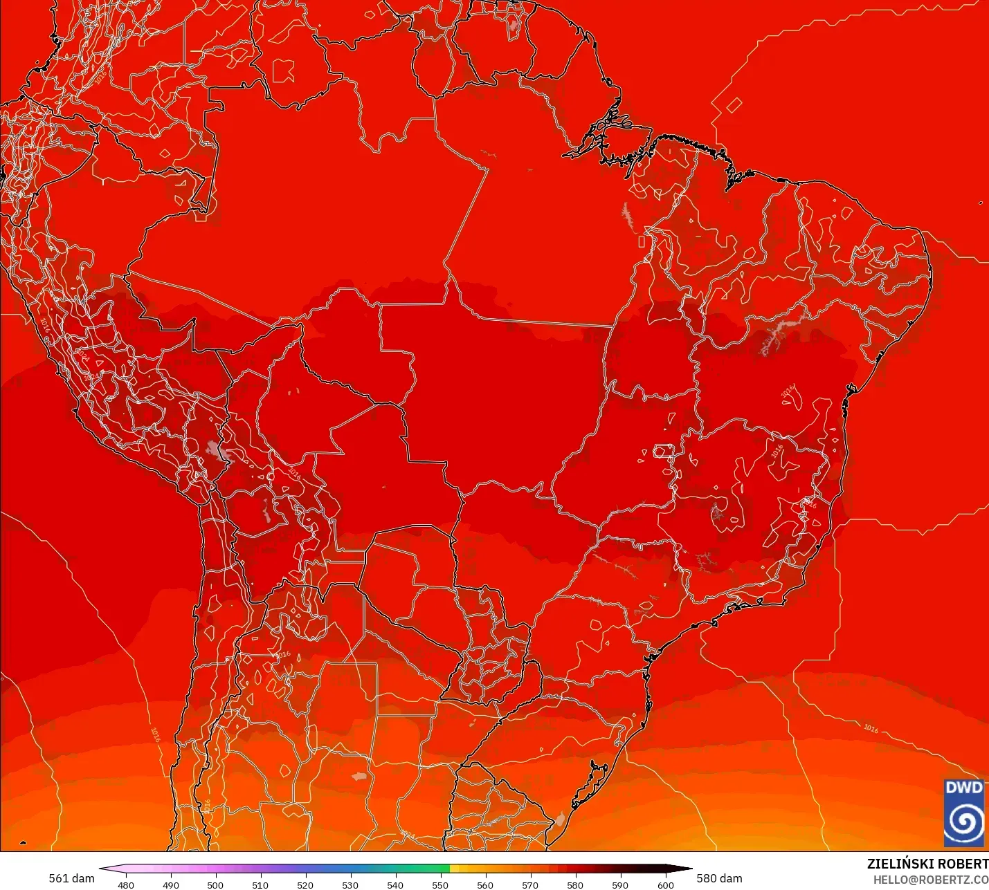 ICON modelo - Brasil, Altura geopotencial a 500 hPa