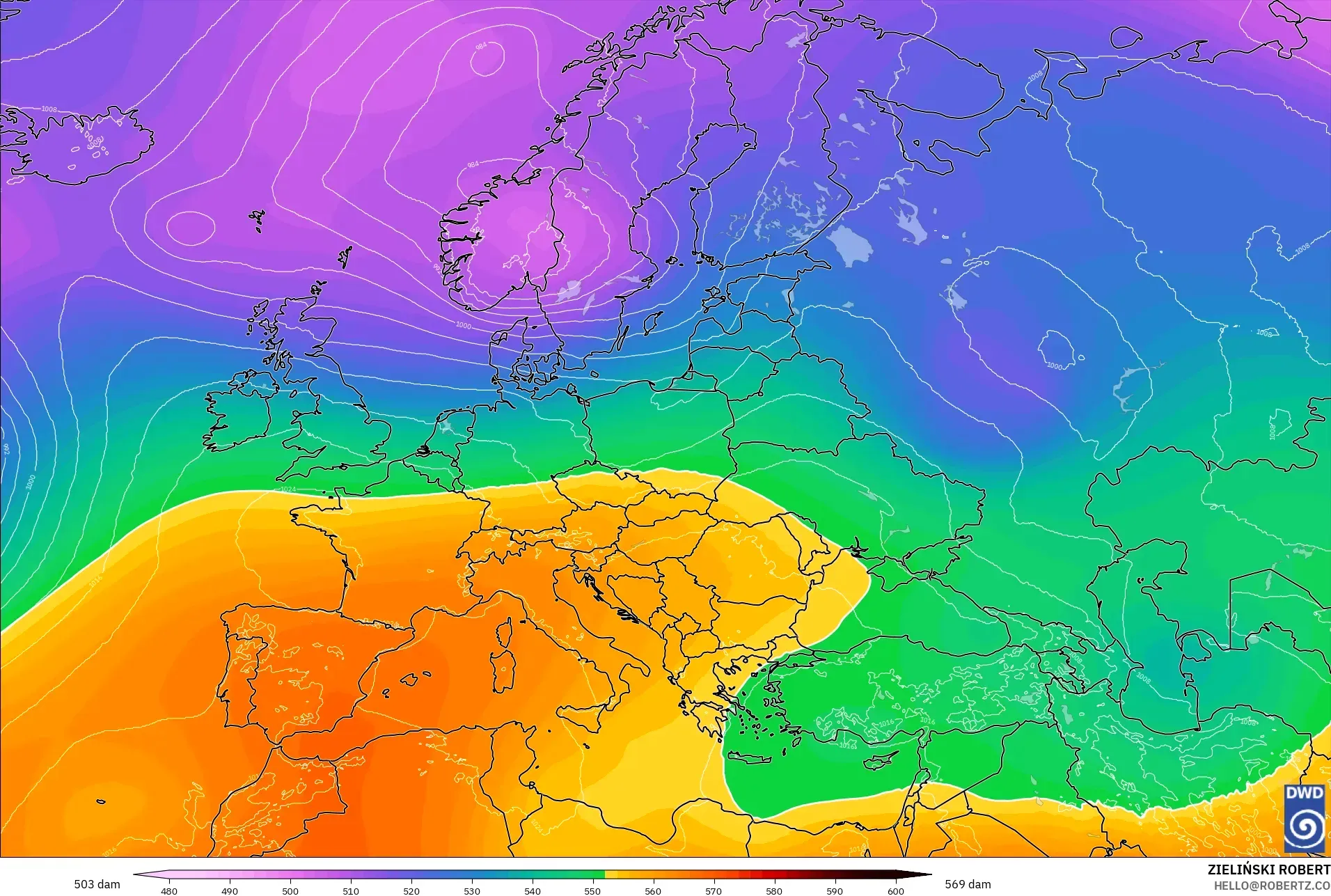 ICON modelo - Europa, Altura geopotencial a 500 hPa