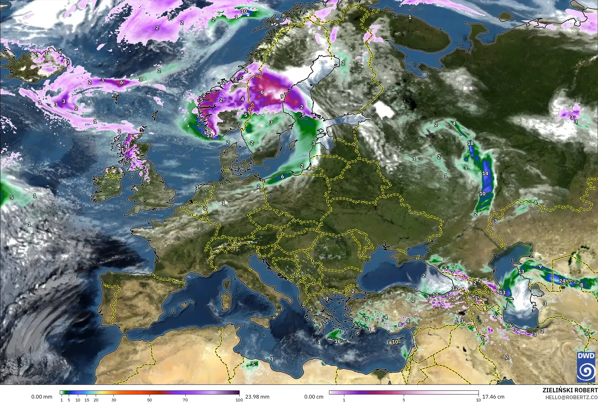 ICON modelo - Europa, Precipitación, nubes y presión