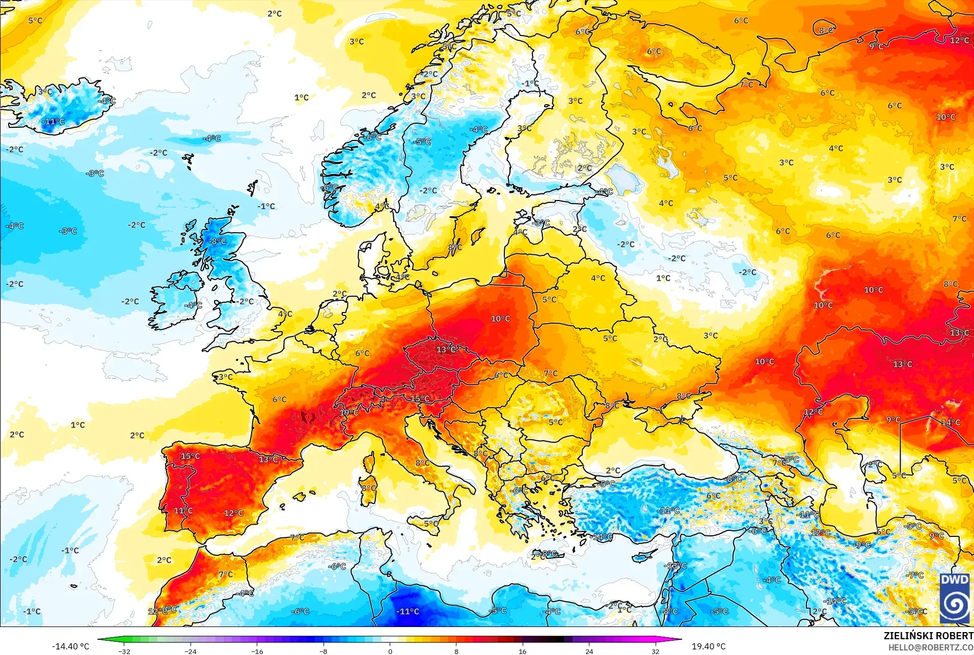 ICON modelo - Europa, Anomalía de temperatura a 2 m