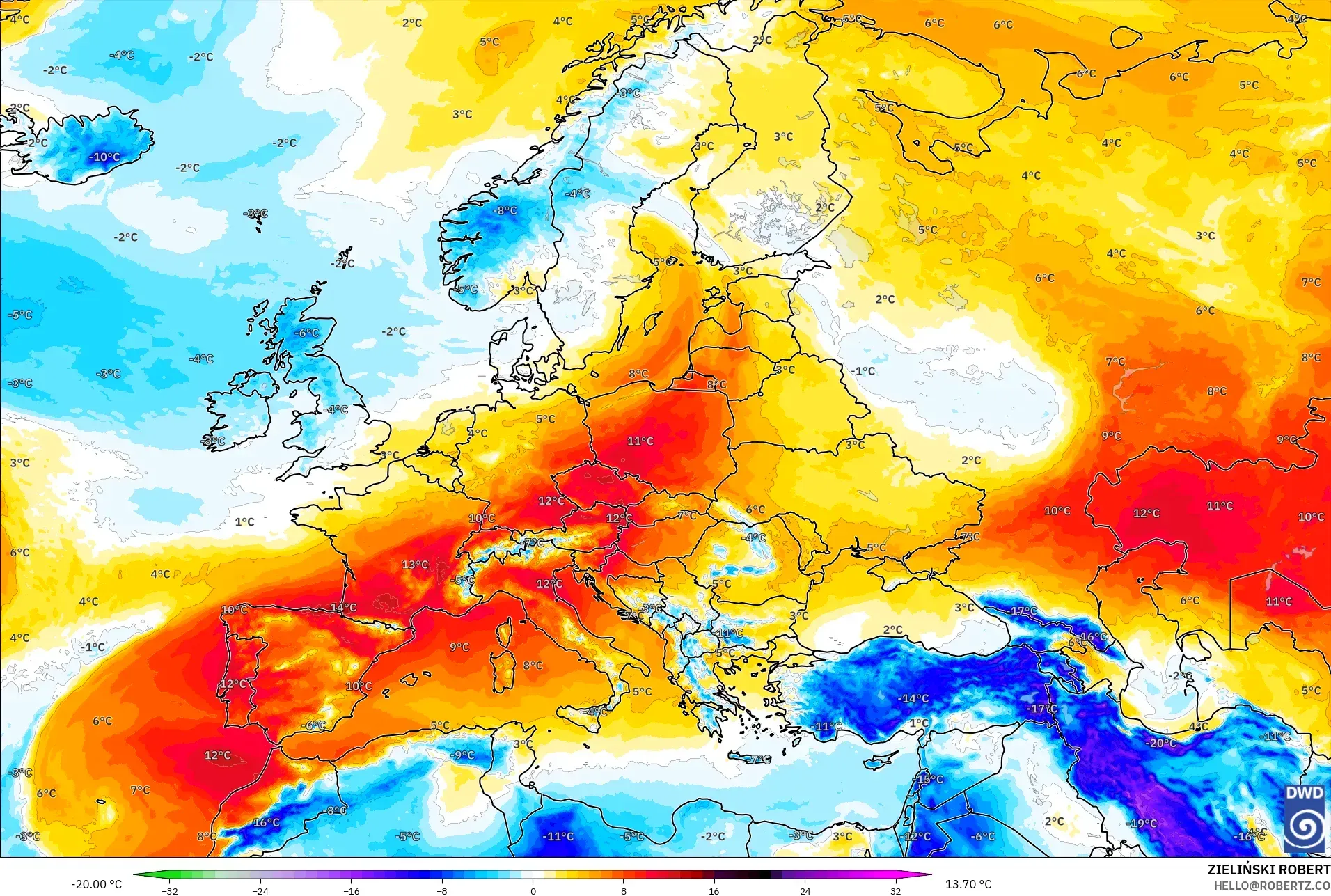 ICON modelo - Europa, Anomalía de temperatura a 850 hPa