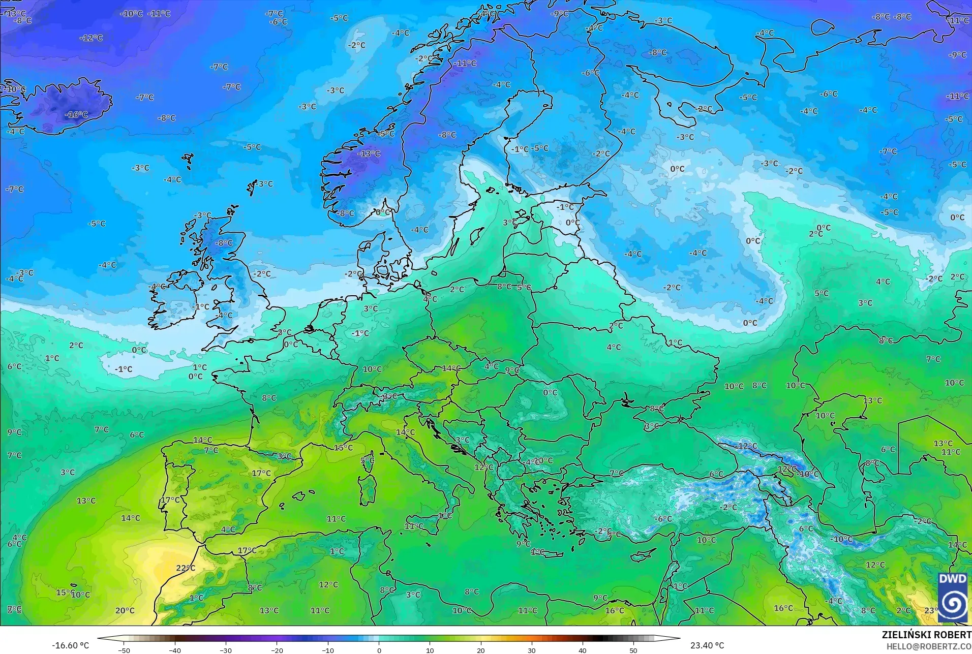 ICON modelo - Europa, Temperatura a 850 hPa