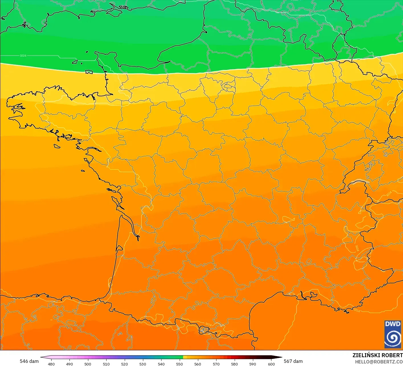 ICON modelo - Francia, Altura geopotencial a 500 hPa