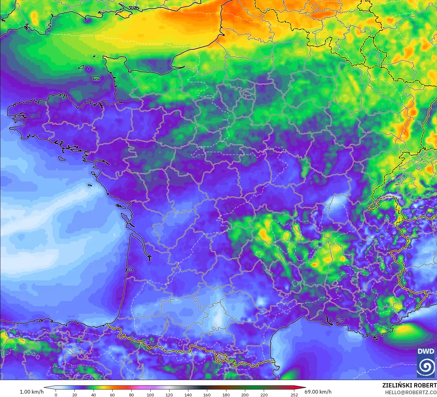 ICON modelo - Francia, Ráfagas de Viento Máximas