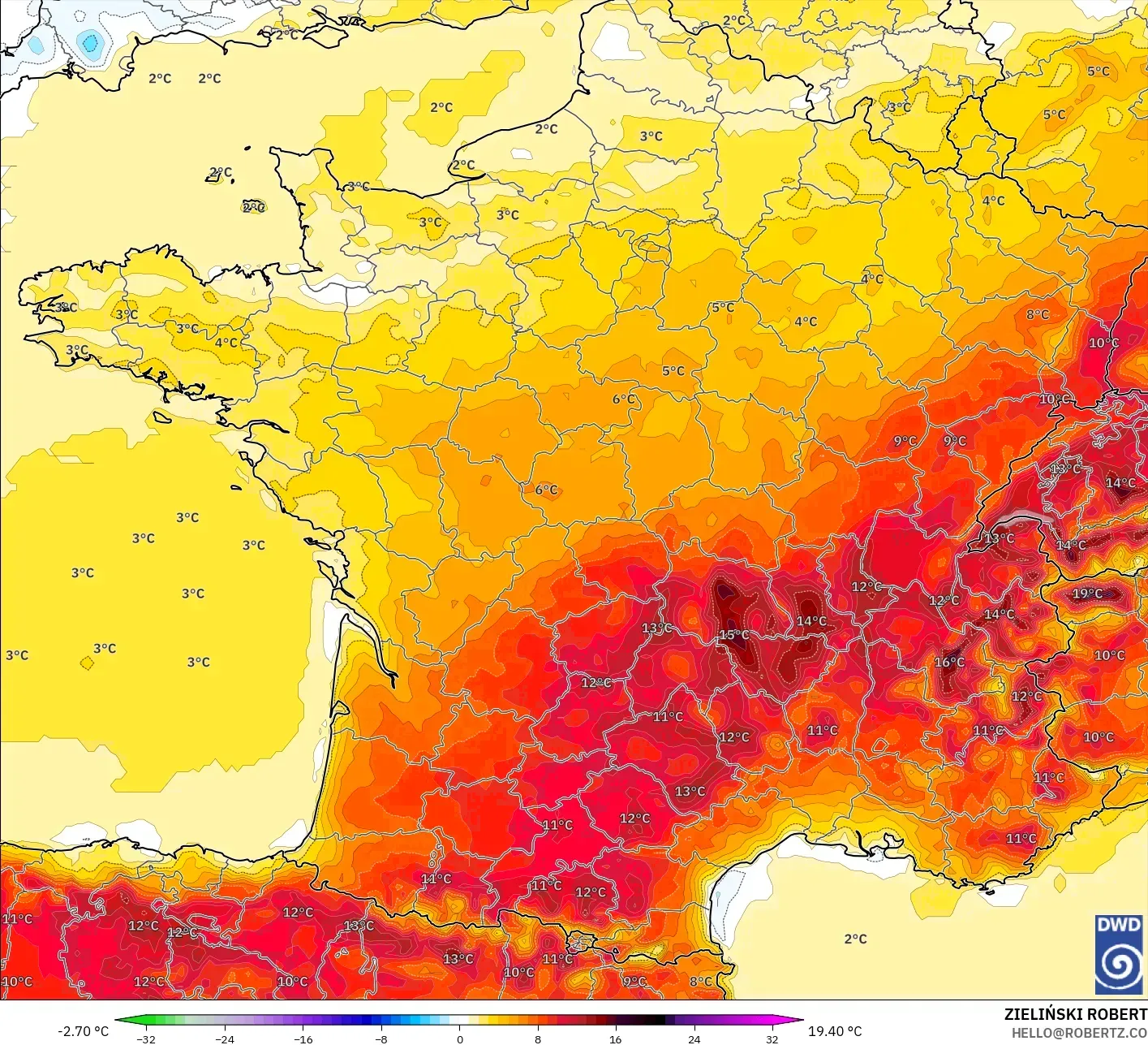 ICON modelo - Francia, Anomalía de temperatura a 2 m