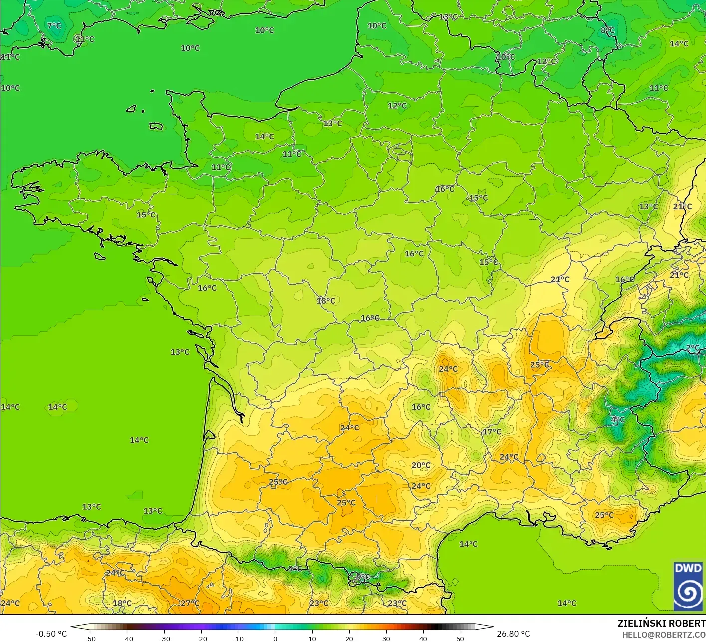ICON modelo - Francia, Temperatura a 2 m