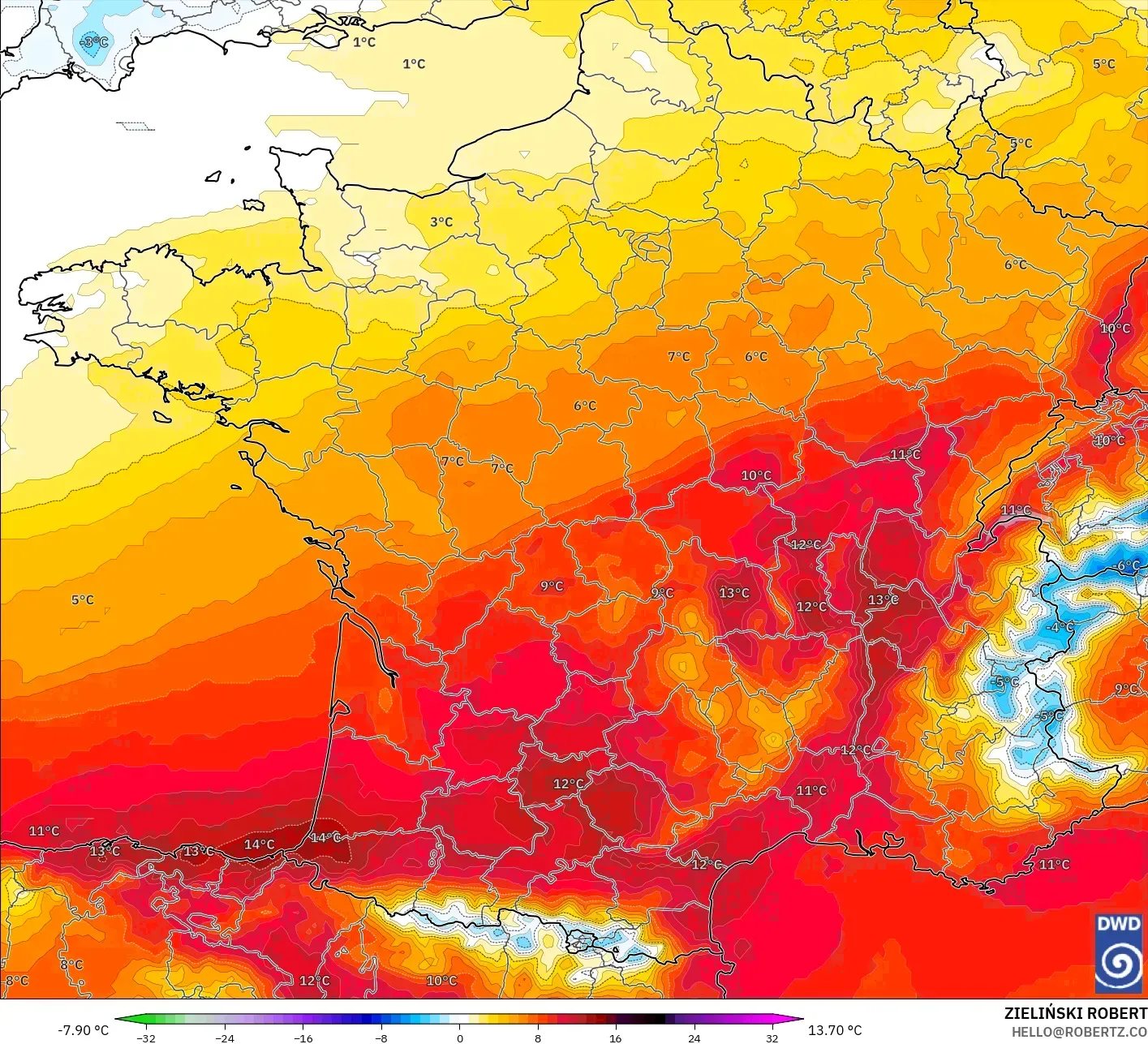 ICON modelo - Francia, Anomalía de temperatura a 850 hPa