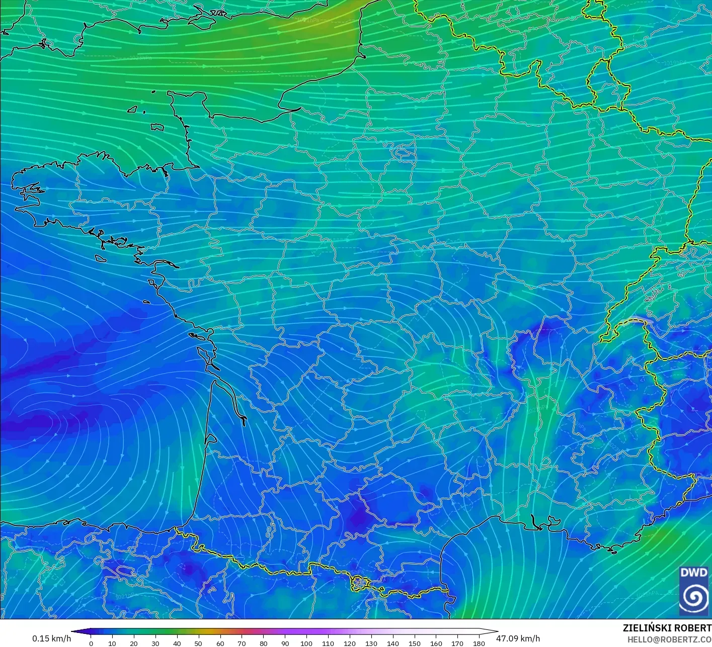 ICON modelo - Francia, Viento a 10 m