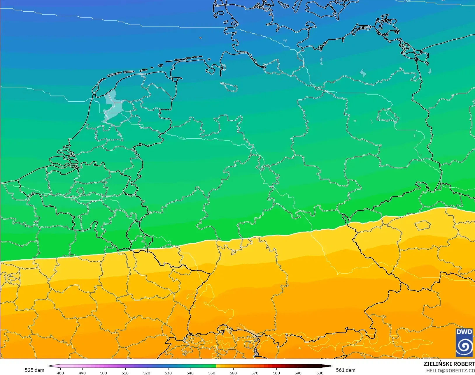 ICON modelo - Alemania, Altura geopotencial a 500 hPa