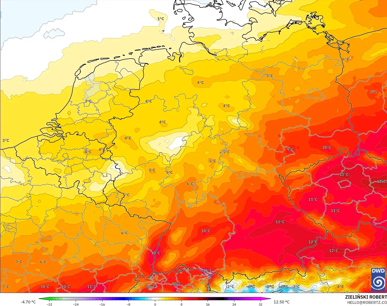 ICON modelo - Alemania, Anomalía de temperatura a 850 hPa