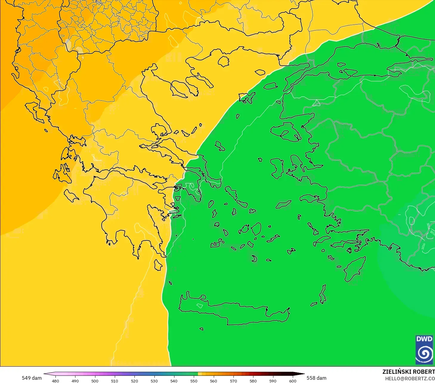 ICON modelo - Grecia, Altura geopotencial a 500 hPa