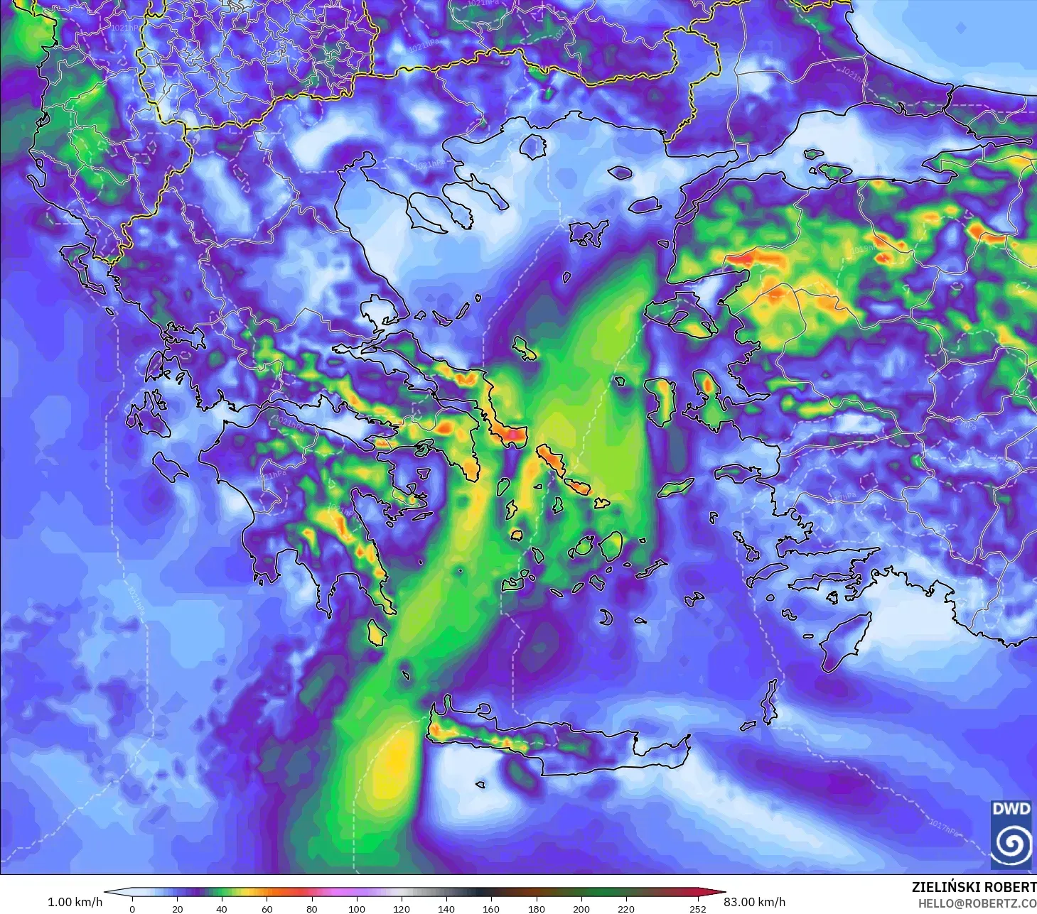 ICON modelo - Grecia, Ráfagas de Viento Máximas