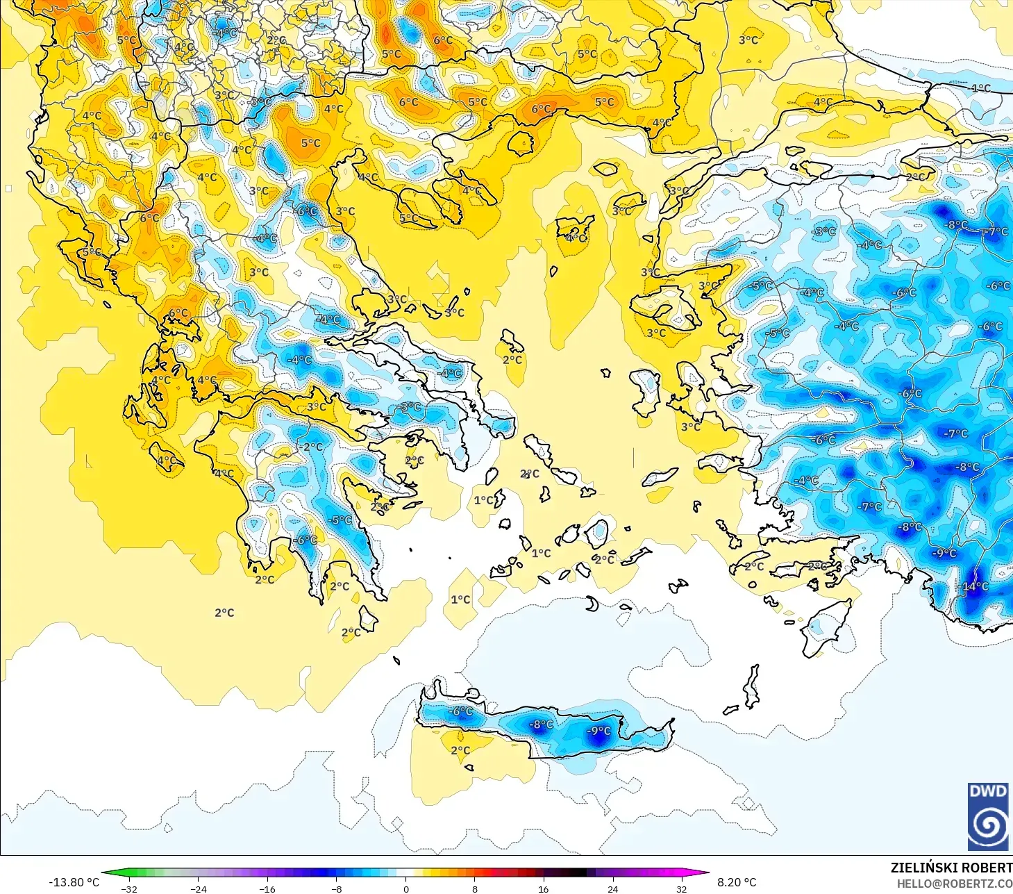 ICON modelo - Grecia, Anomalía de temperatura a 2 m