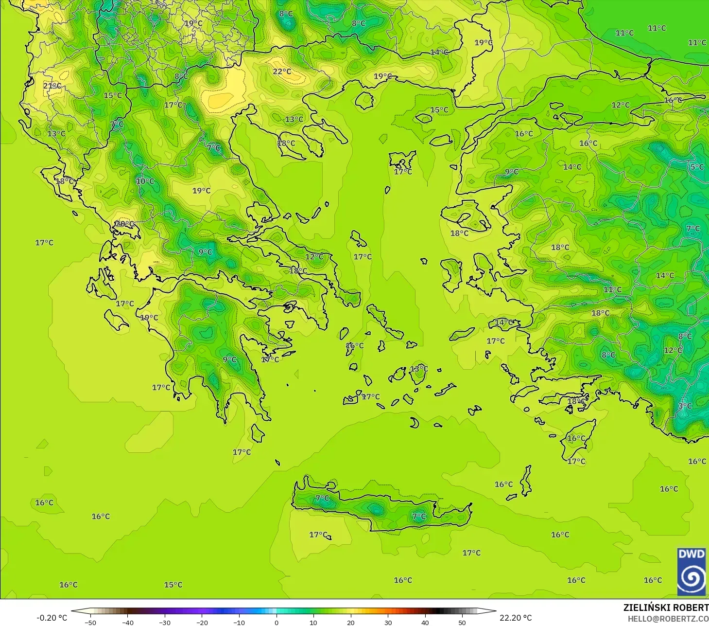 ICON modelo - Grecia, Temperatura a 2 m