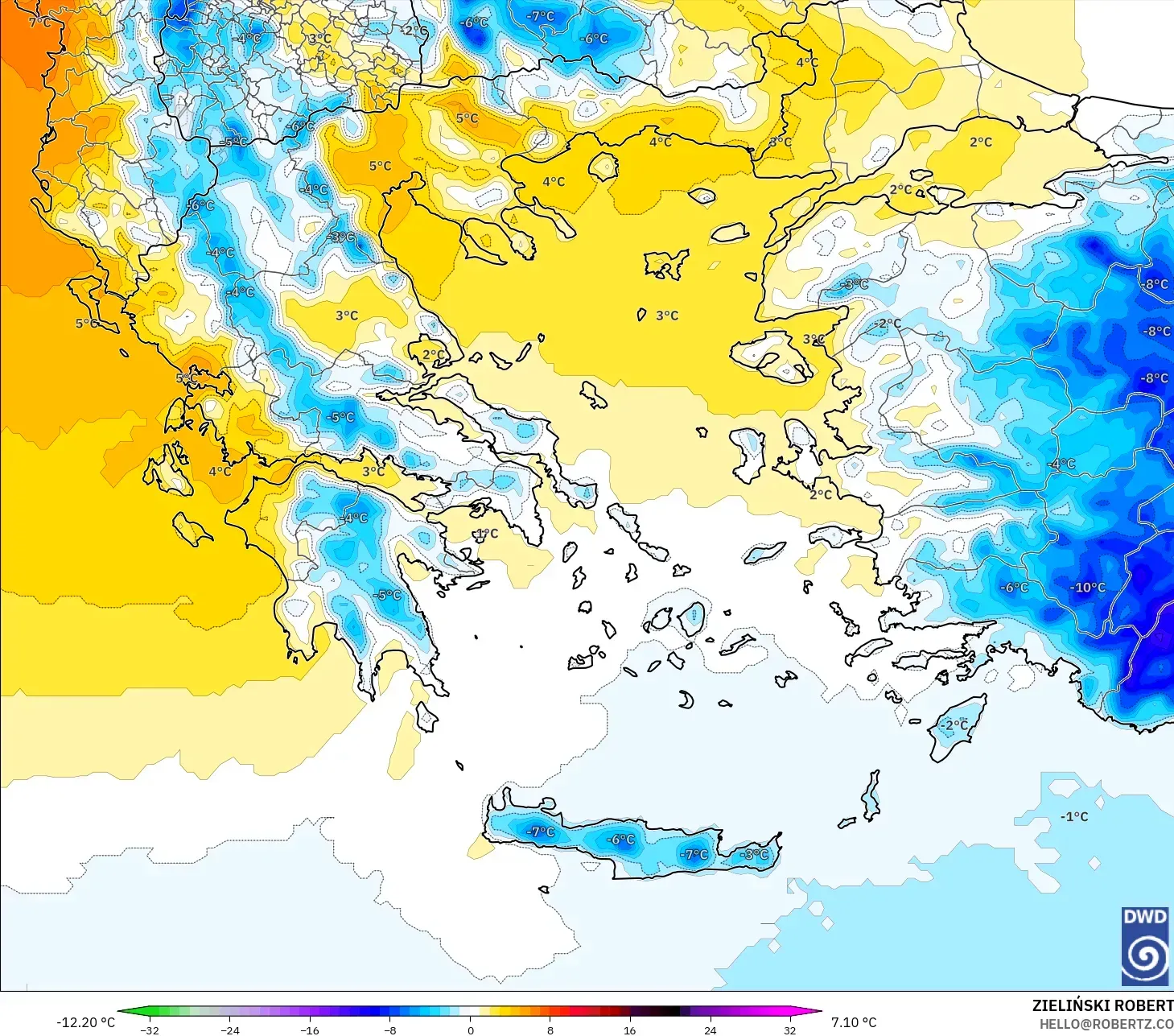 ICON modelo - Grecia, Anomalía de temperatura a 850 hPa