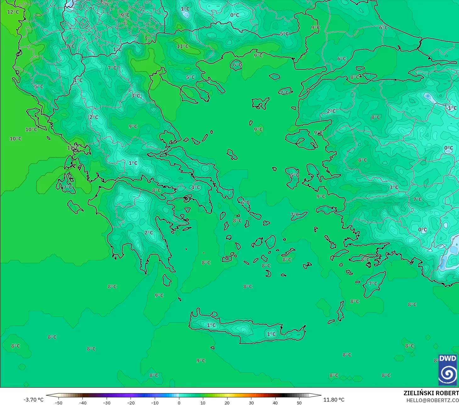 ICON modelo - Grecia, Temperatura a 850 hPa