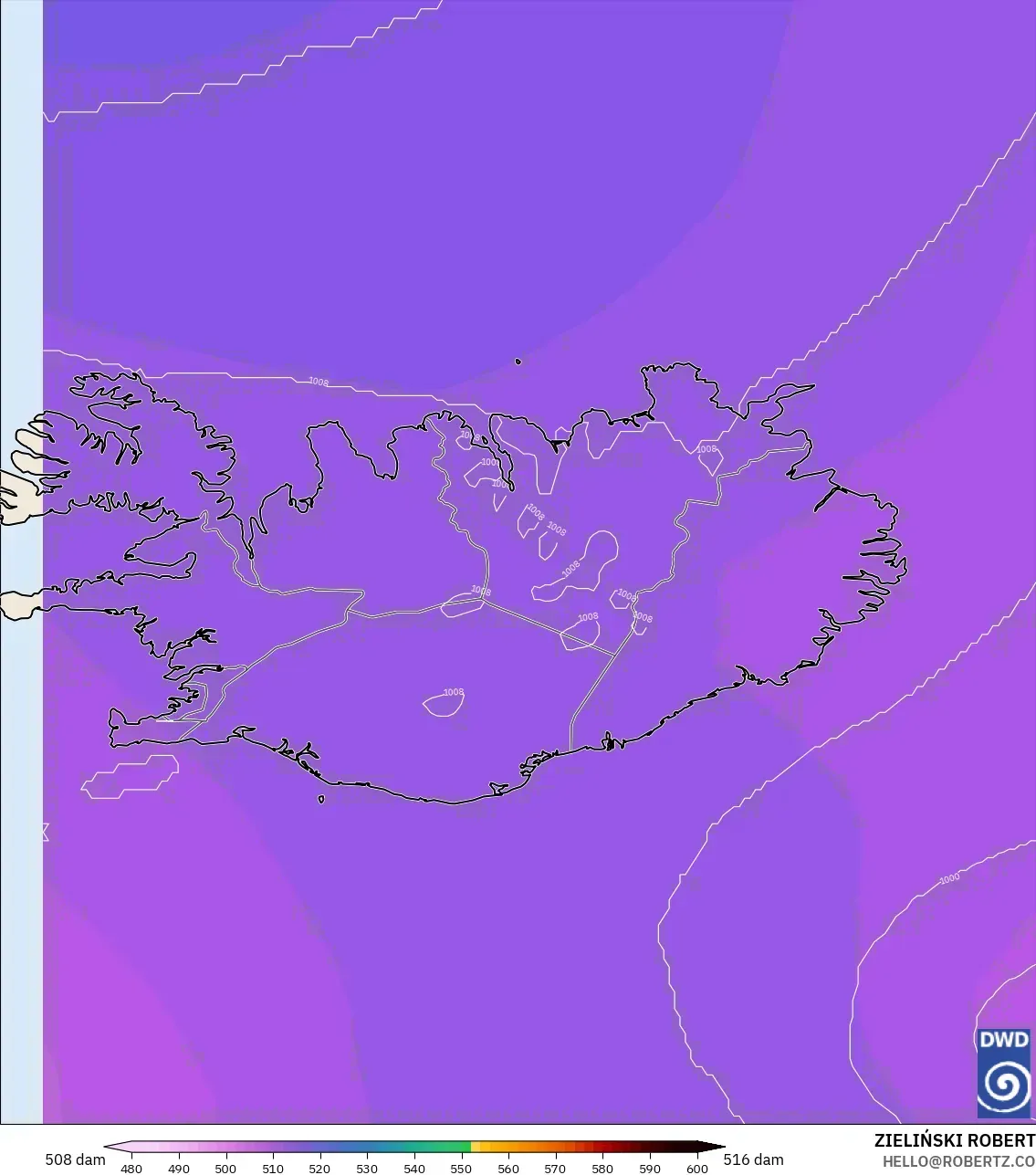 ICON modelo - Islandia, Altura geopotencial a 500 hPa