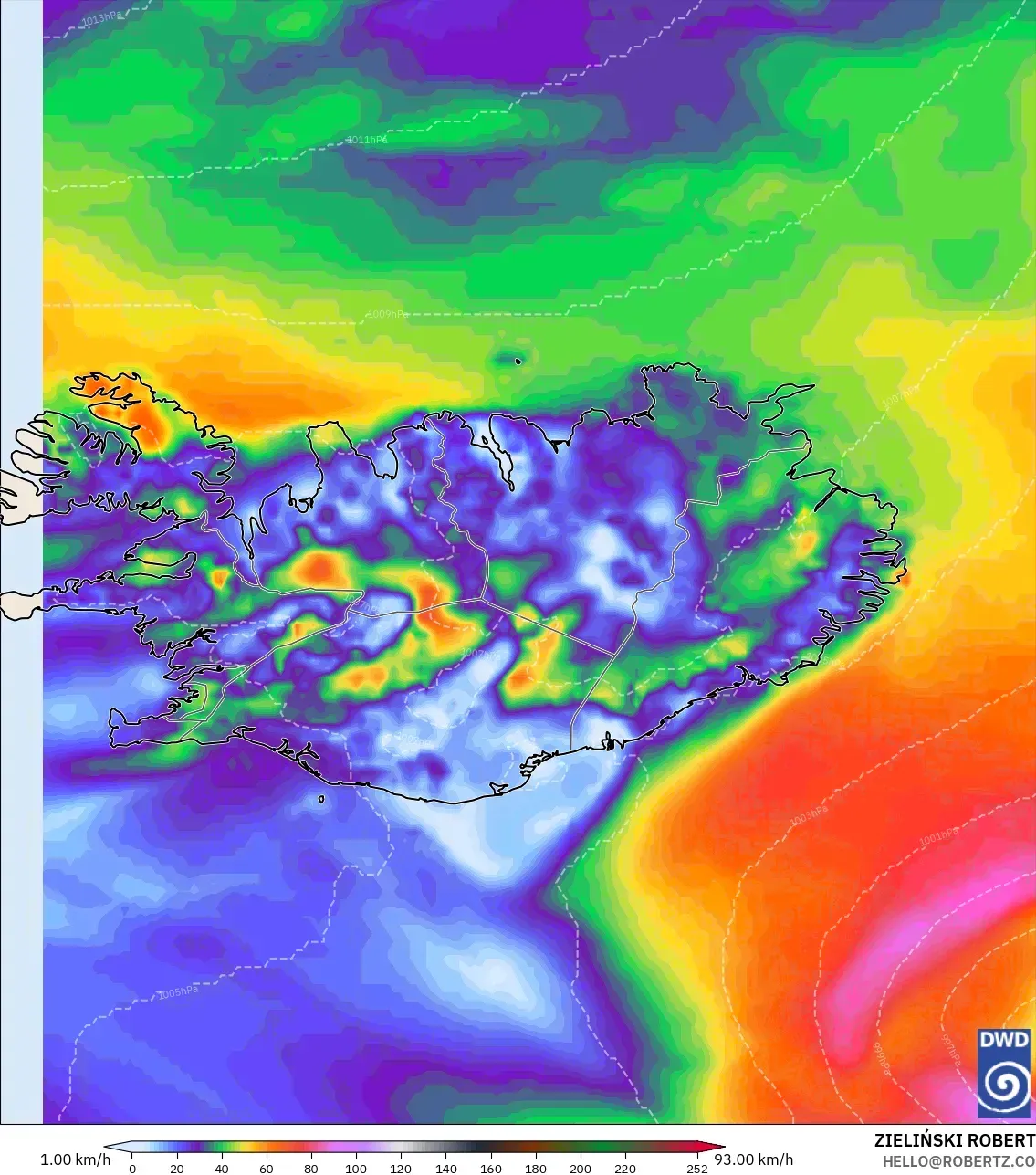 ICON modelo - Islandia, Ráfagas de Viento Máximas