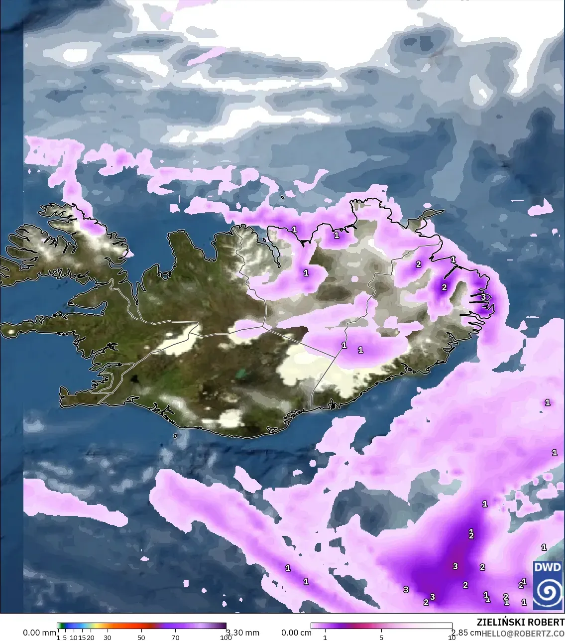 ICON modelo - Islandia, Precipitación, nubes y presión