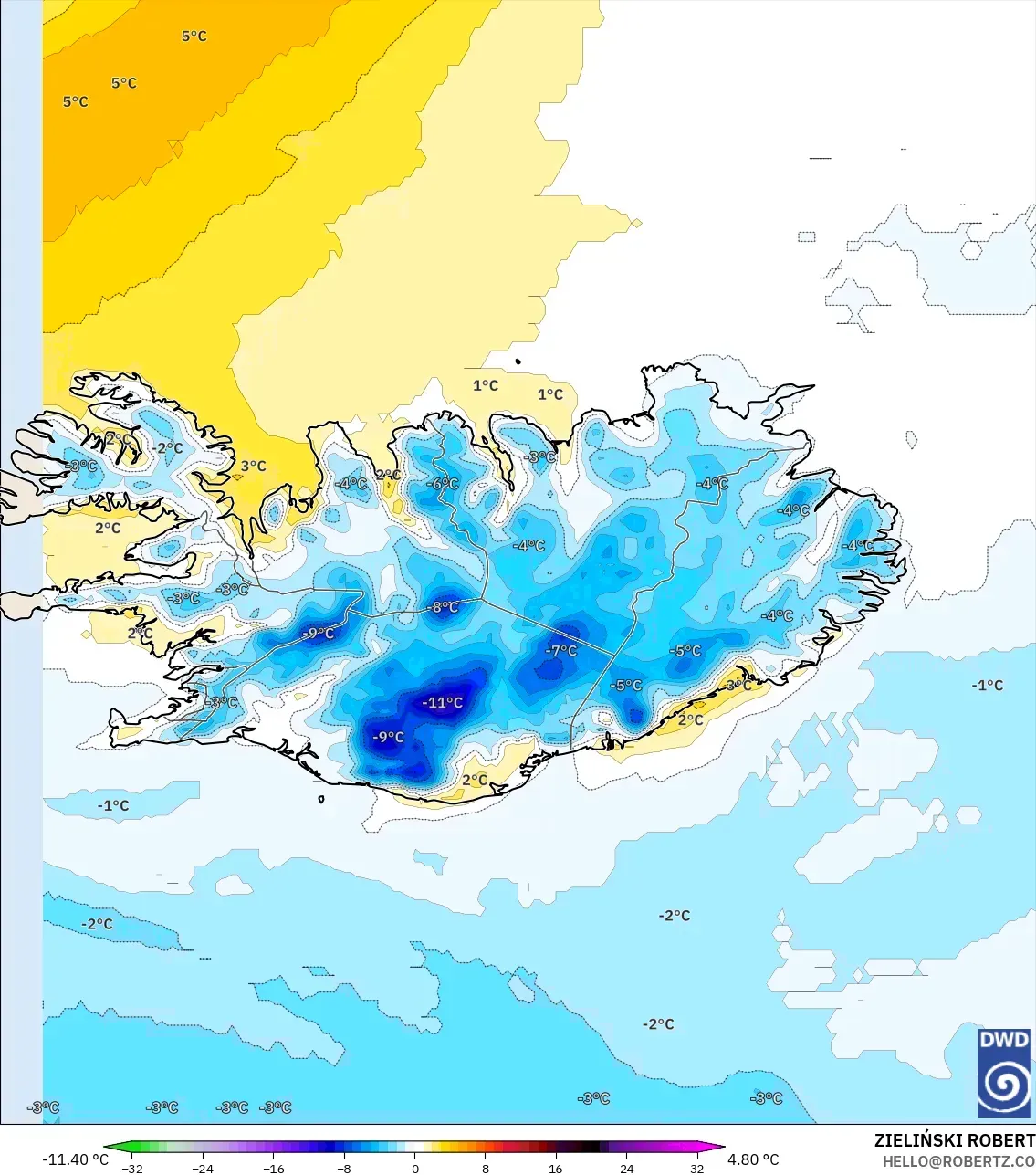 ICON modelo - Islandia, Anomalía de temperatura a 2 m