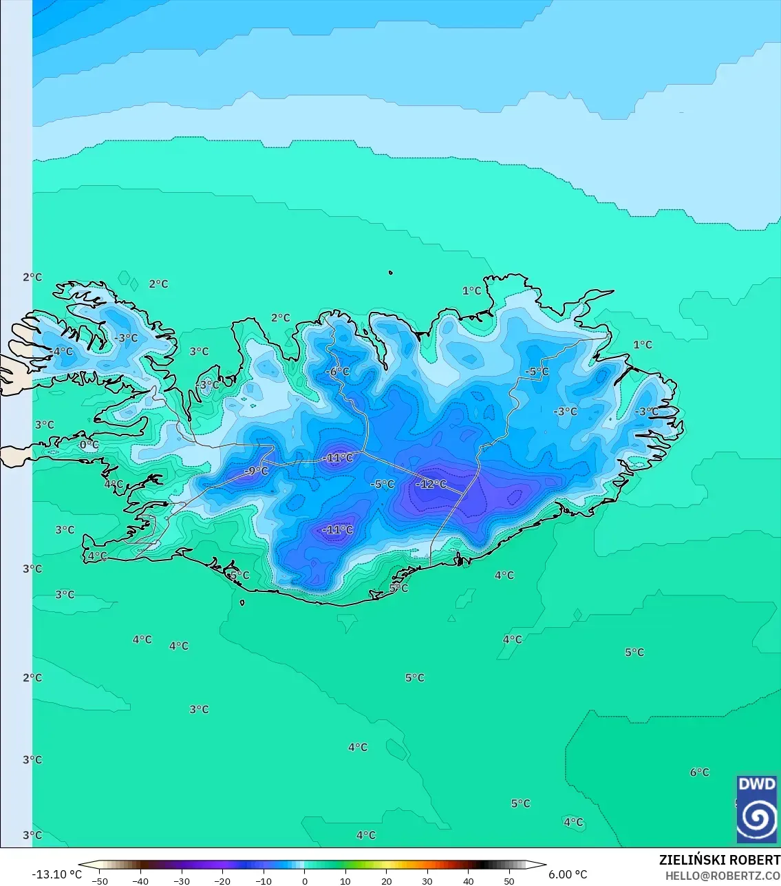 ICON modelo - Islandia, Temperatura a 2 m