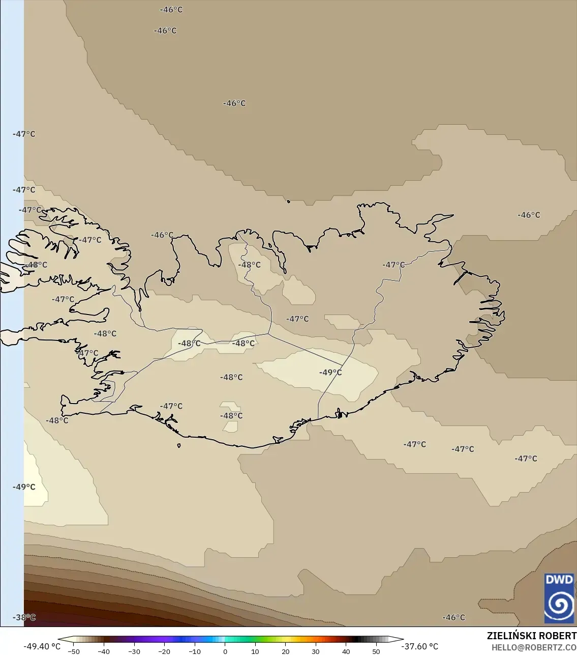 ICON modelo - Islandia, Temperatura a 500 hPa