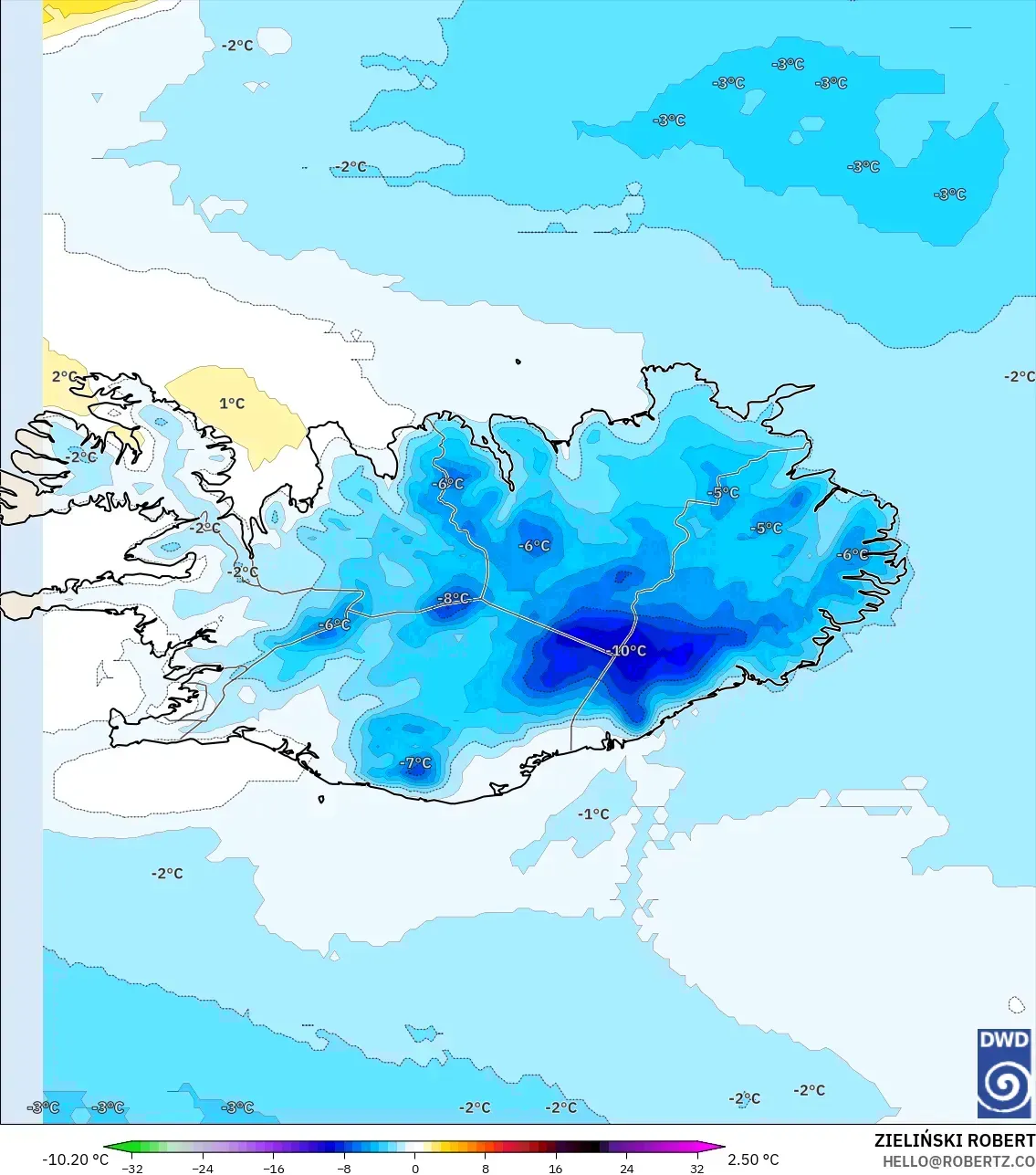 ICON modelo - Islandia, Anomalía de temperatura a 850 hPa