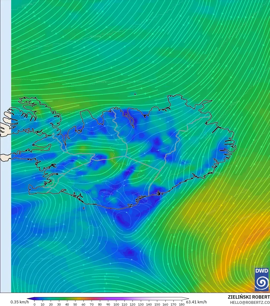 ICON modelo - Islandia, Viento a 10 m