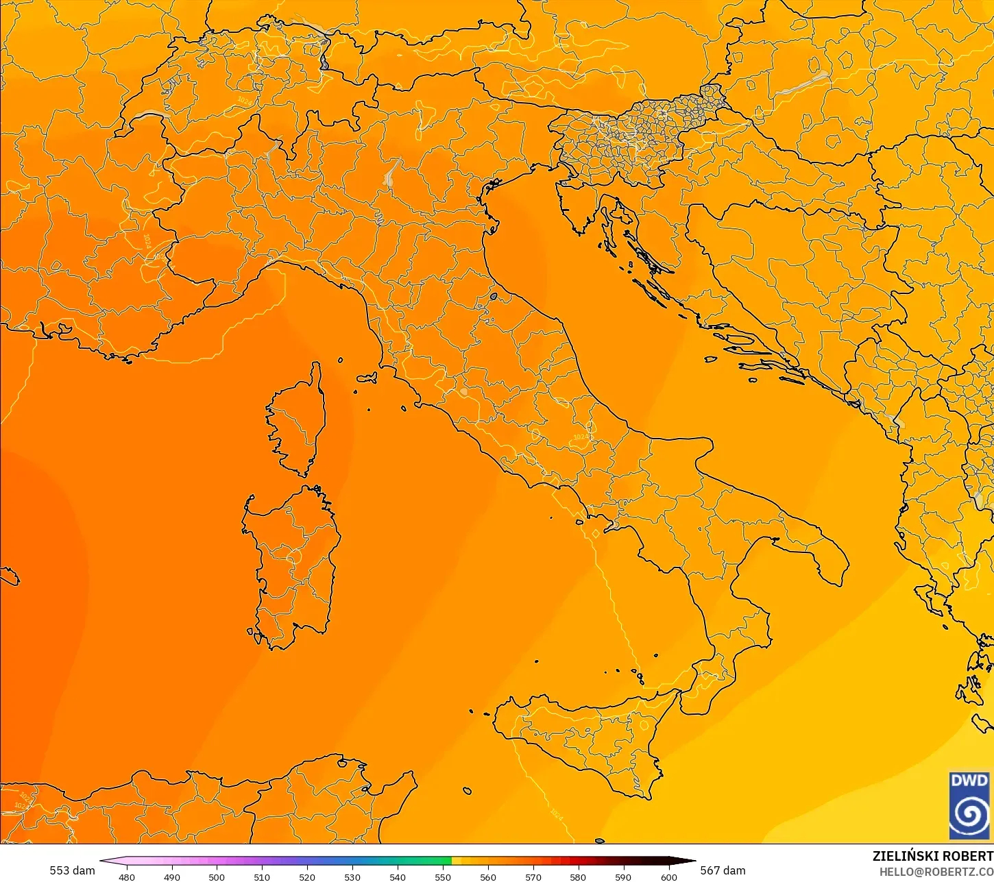 ICON modelo - Italia, Altura geopotencial a 500 hPa