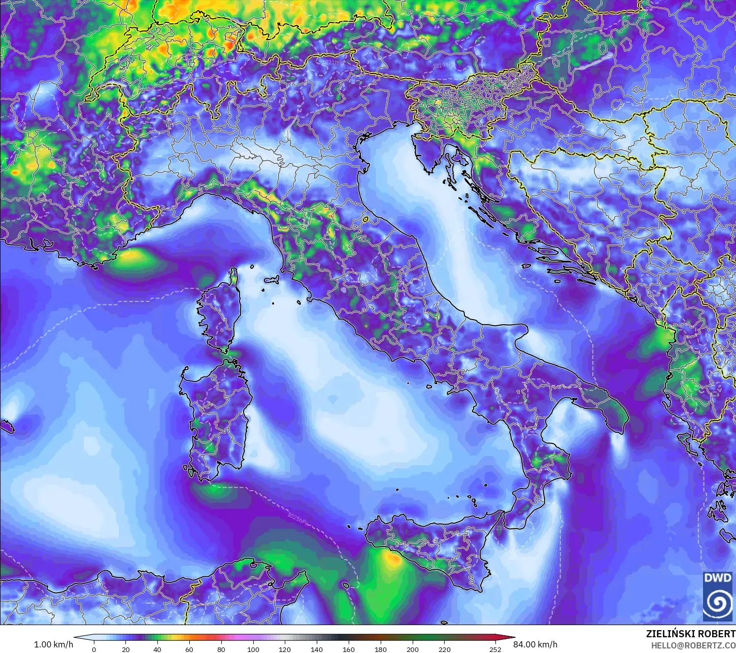 ICON modelo - Italia, Ráfagas de Viento Máximas