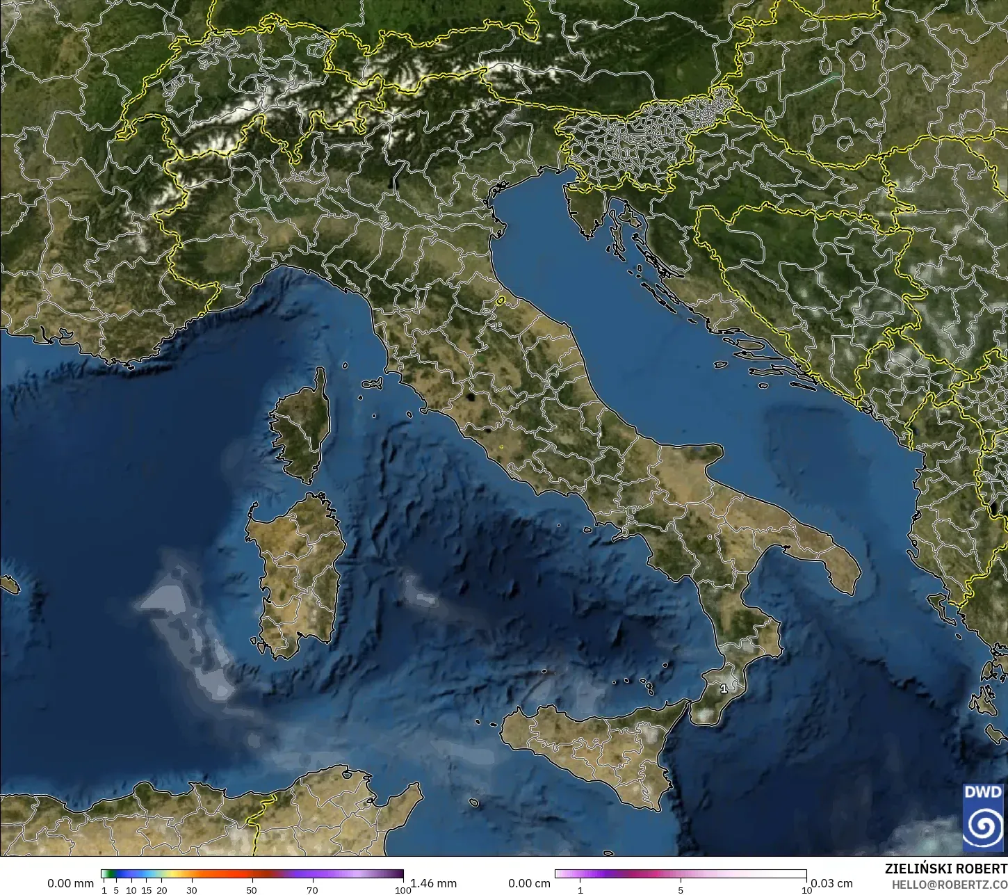 ICON modelo - Italia, Precipitación, nubes y presión