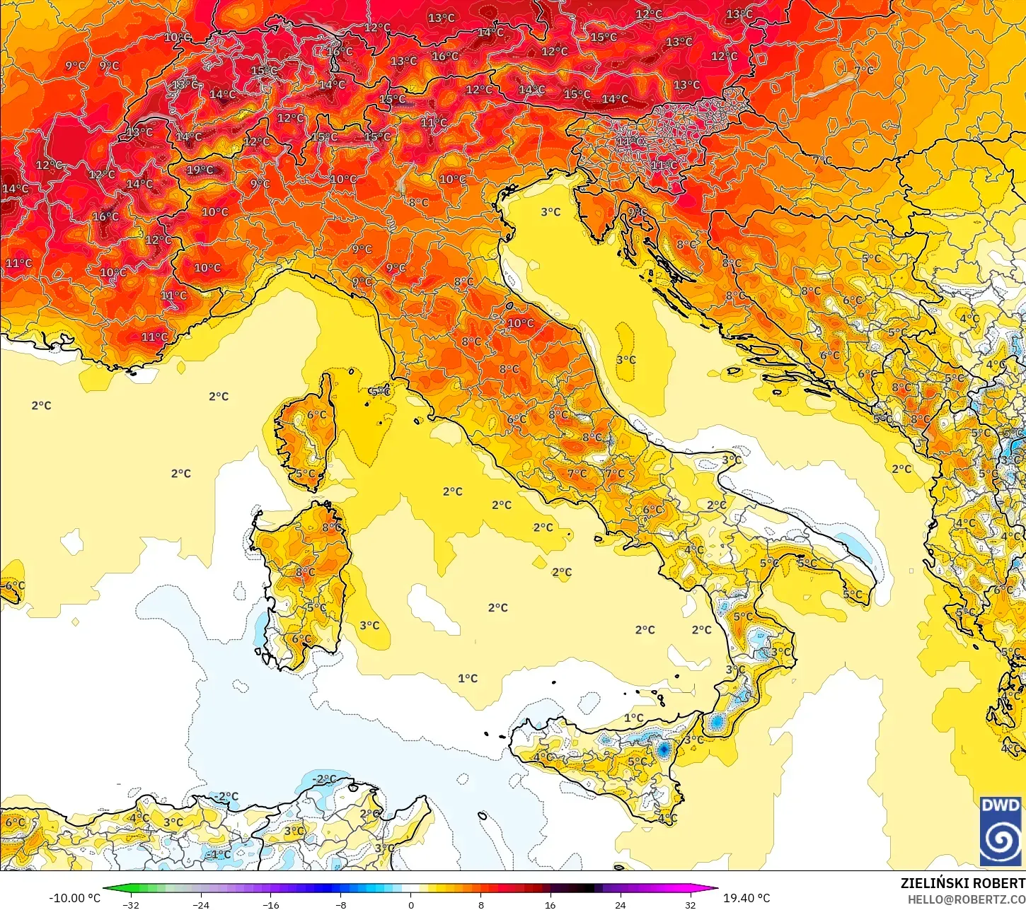 ICON modelo - Italia, Anomalía de temperatura a 2 m