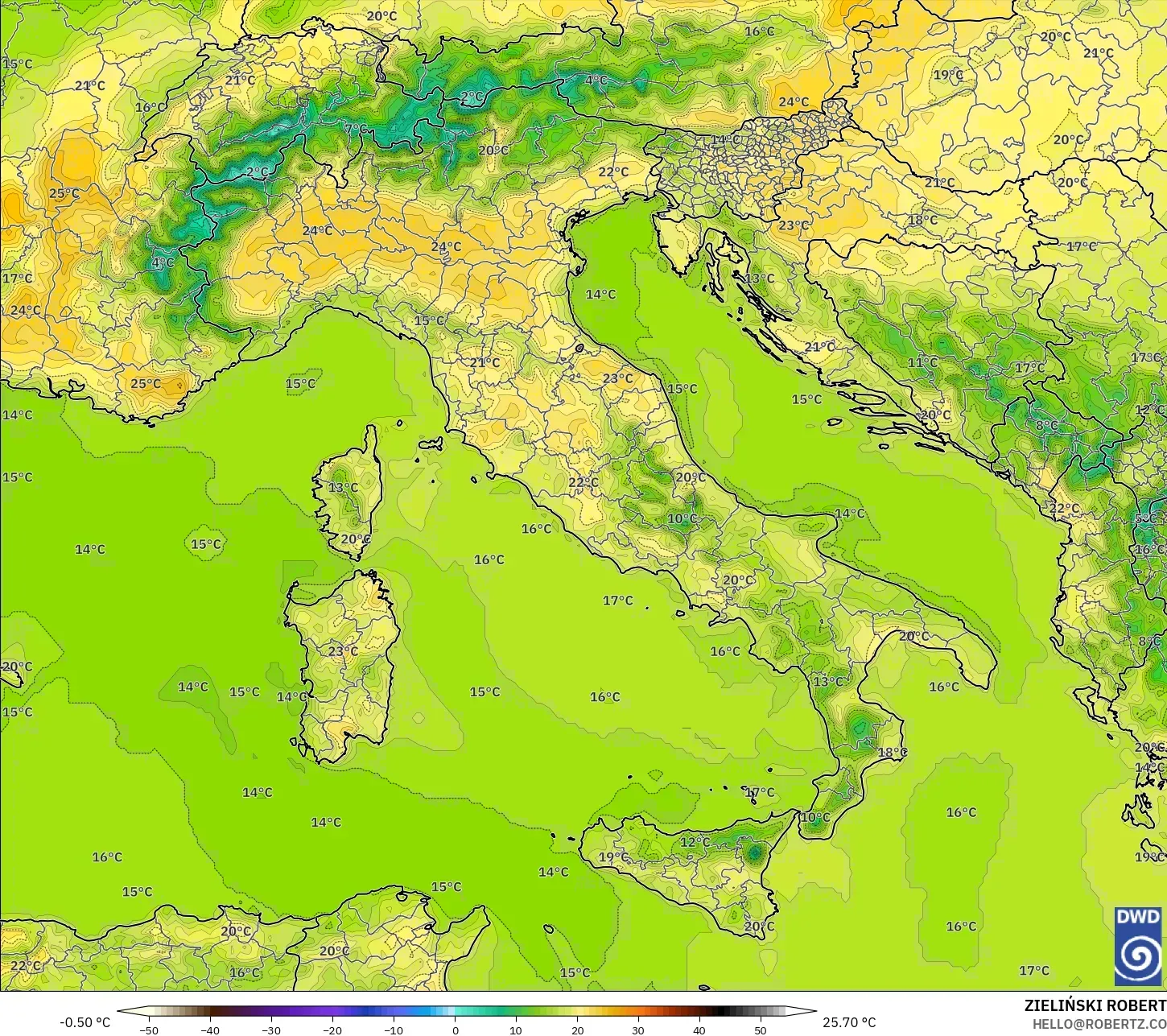 ICON modelo - Italia, Temperatura a 2 m