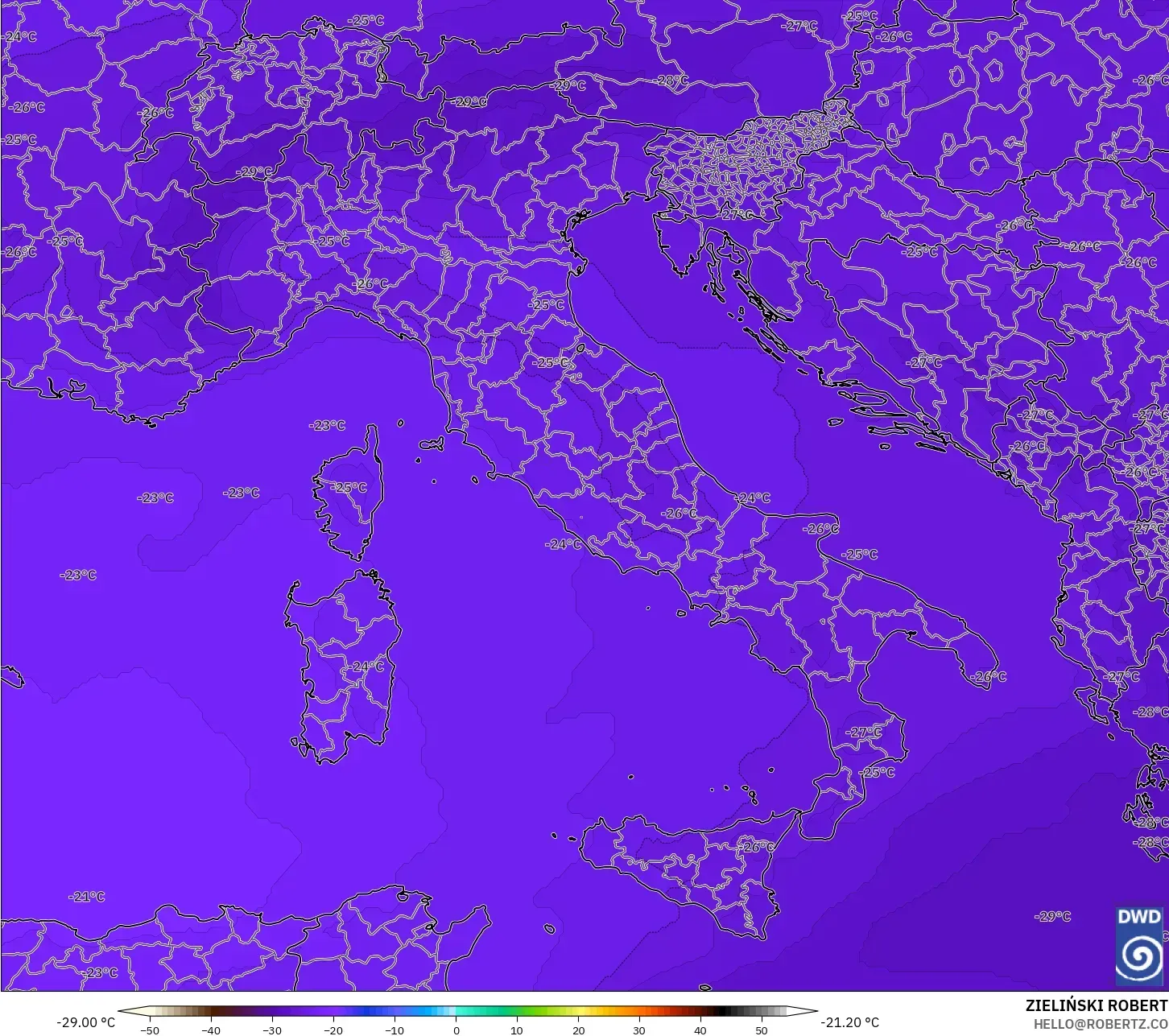 ICON modelo - Italia, Temperatura a 500 hPa