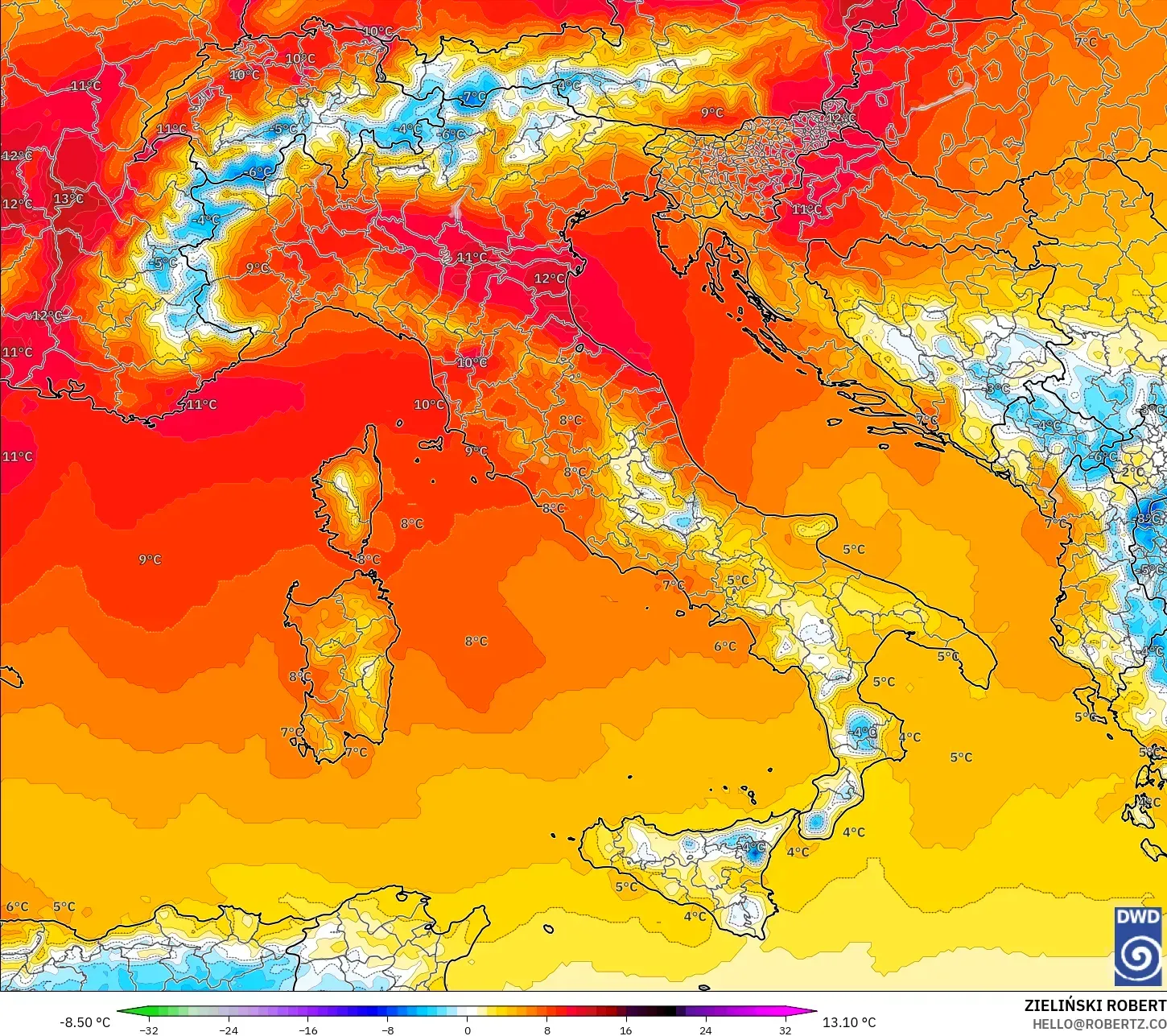 ICON modelo - Italia, Anomalía de temperatura a 850 hPa