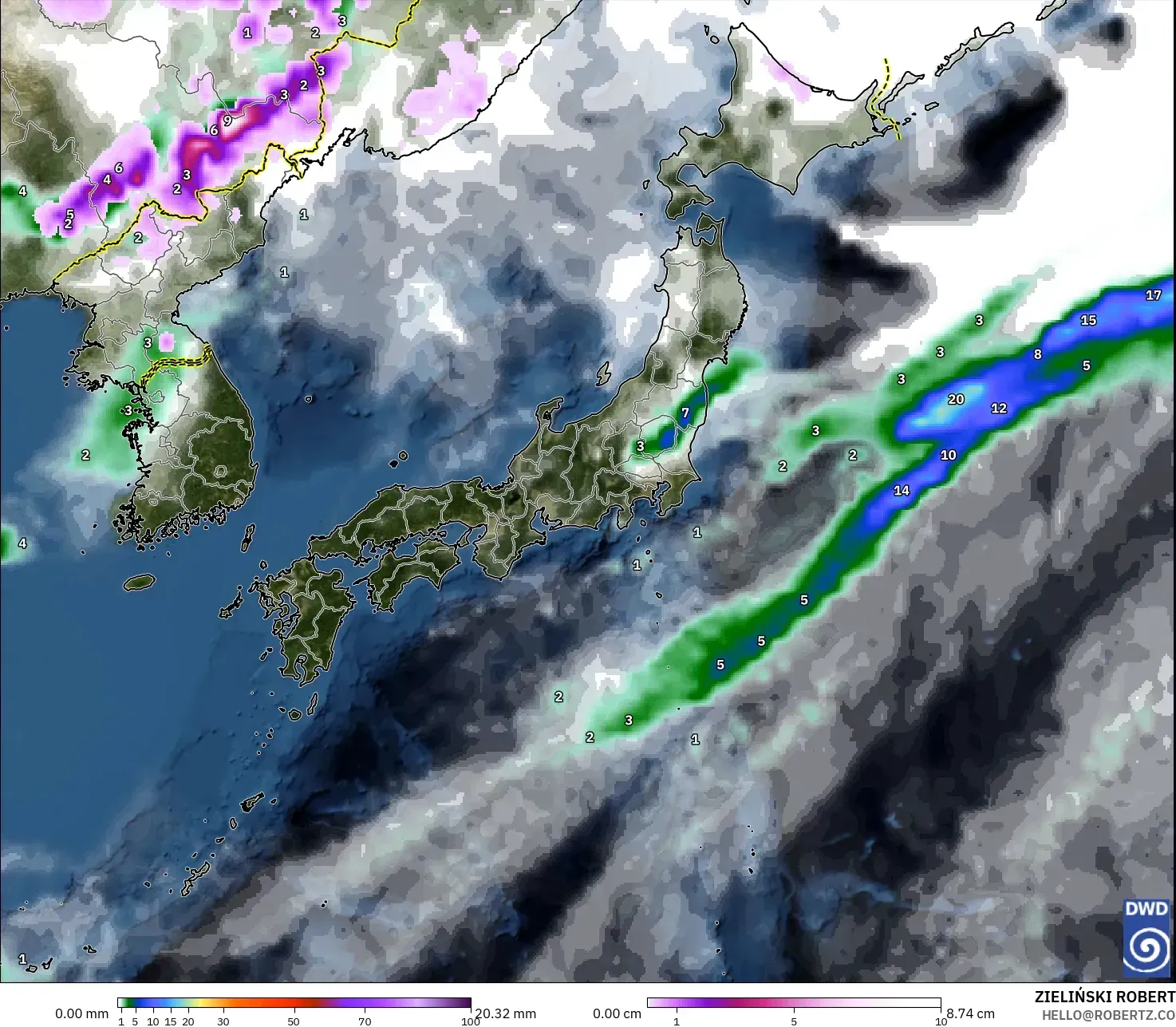 ICON modelo - Japón, Precipitación, nubes y presión