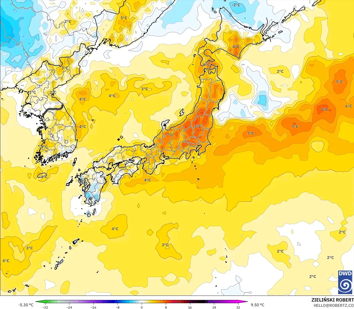 ICON modelo - Japón, Anomalía de temperatura a 2 m