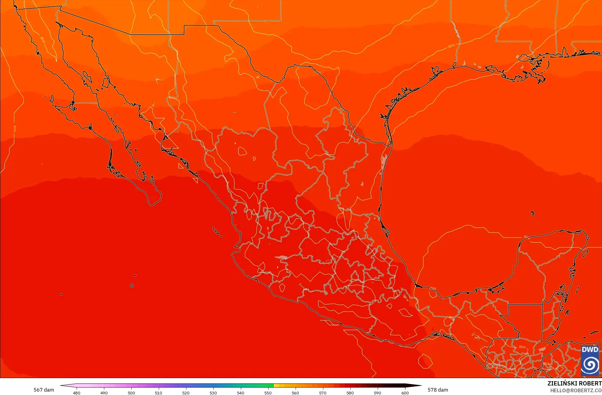 ICON modelo - México, Altura geopotencial a 500 hPa