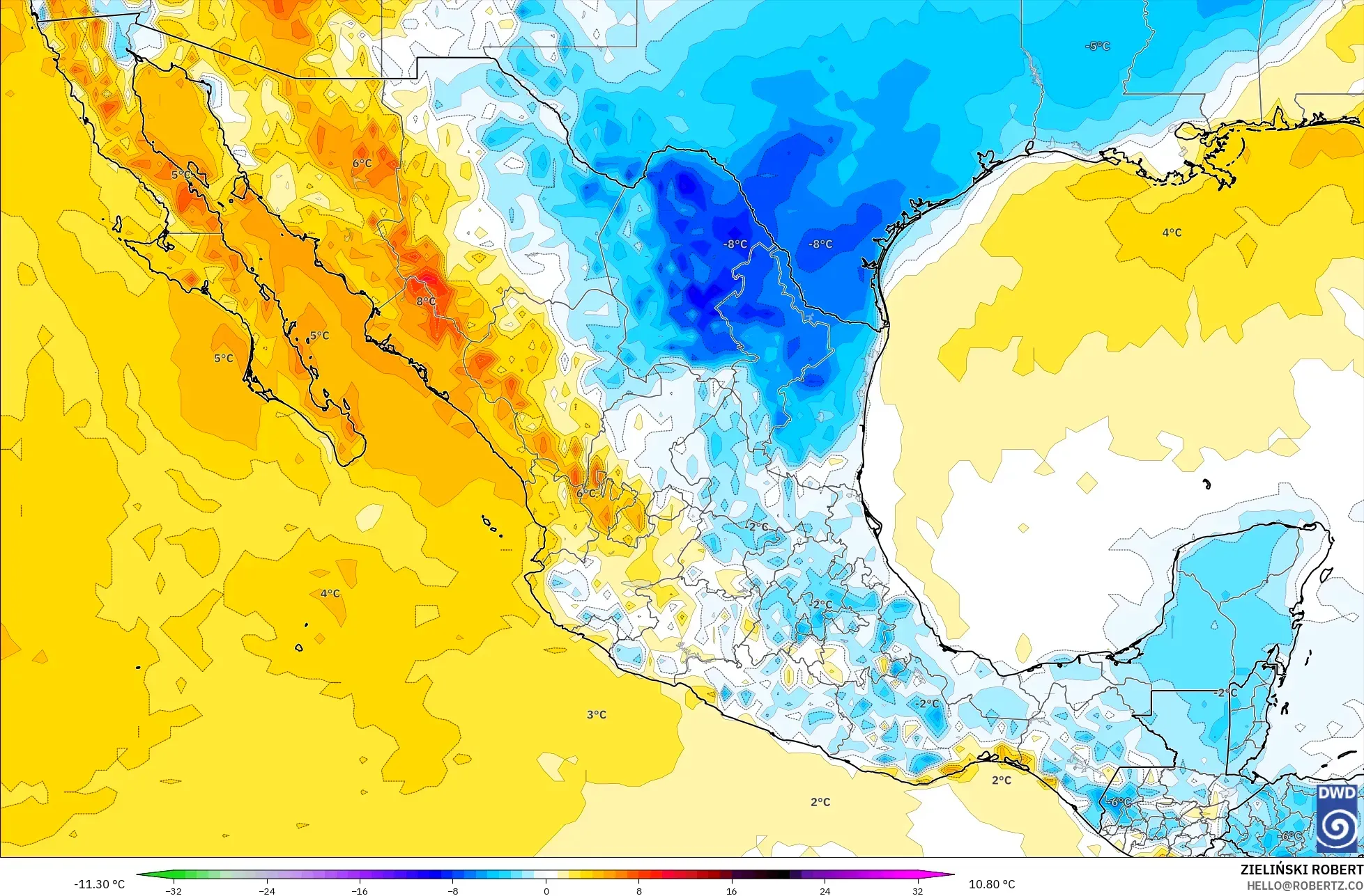 ICON modelo - México, Anomalía de temperatura a 2 m