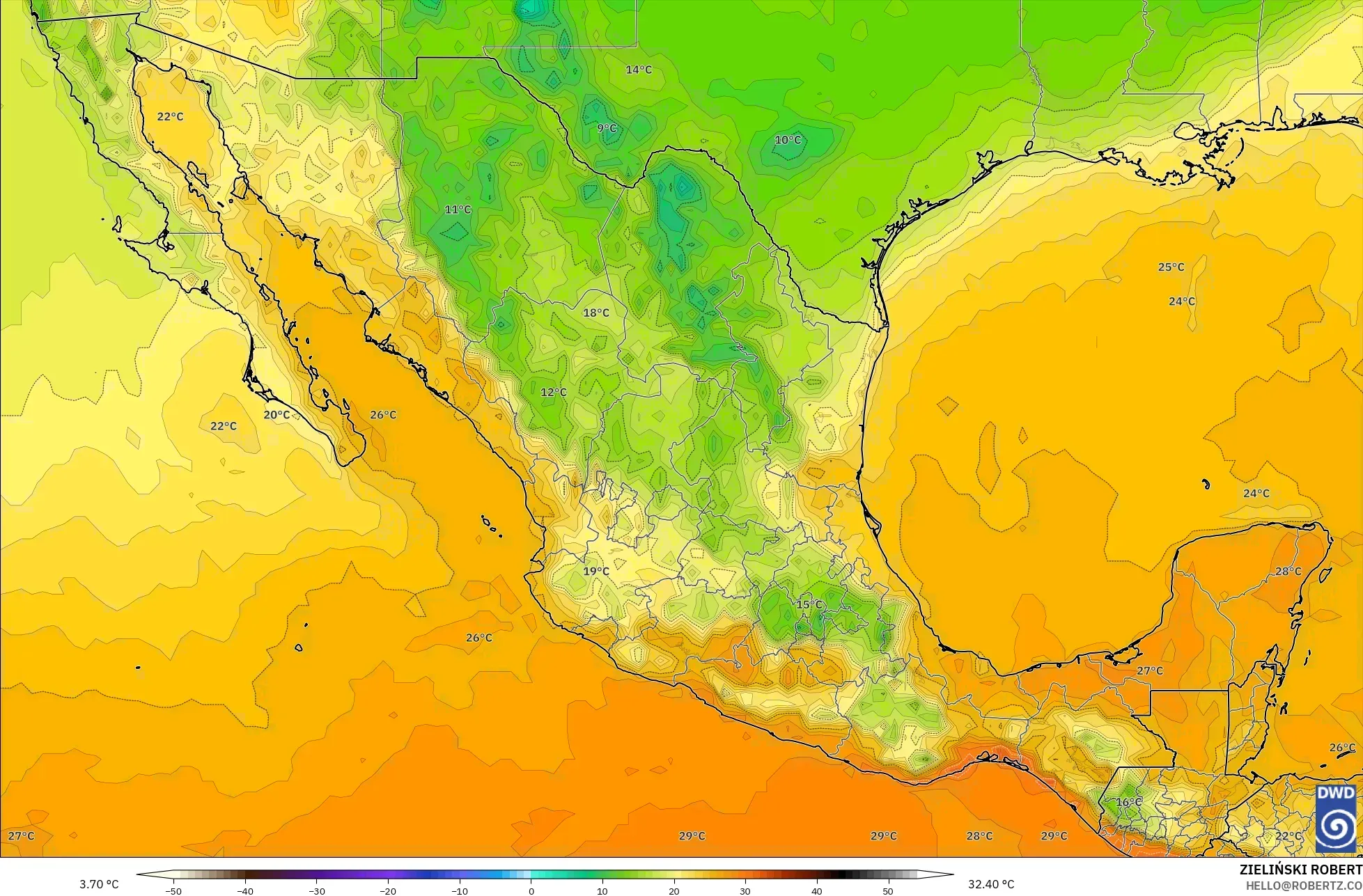 ICON modelo - México, Temperatura a 2 m