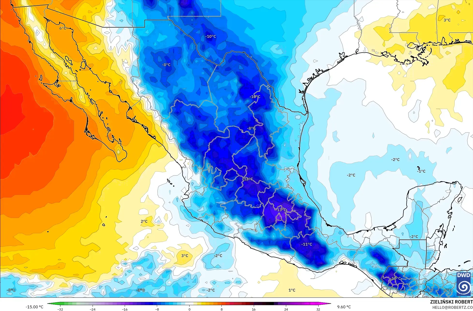 ICON modelo - México, Anomalía de temperatura a 850 hPa