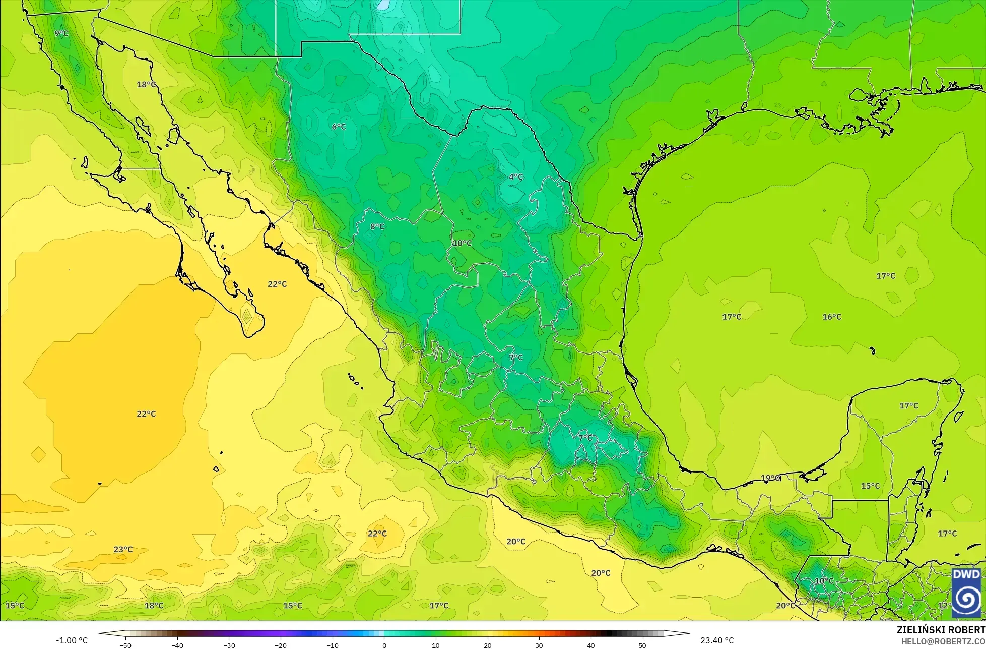 ICON modelo - México, Temperatura a 850 hPa