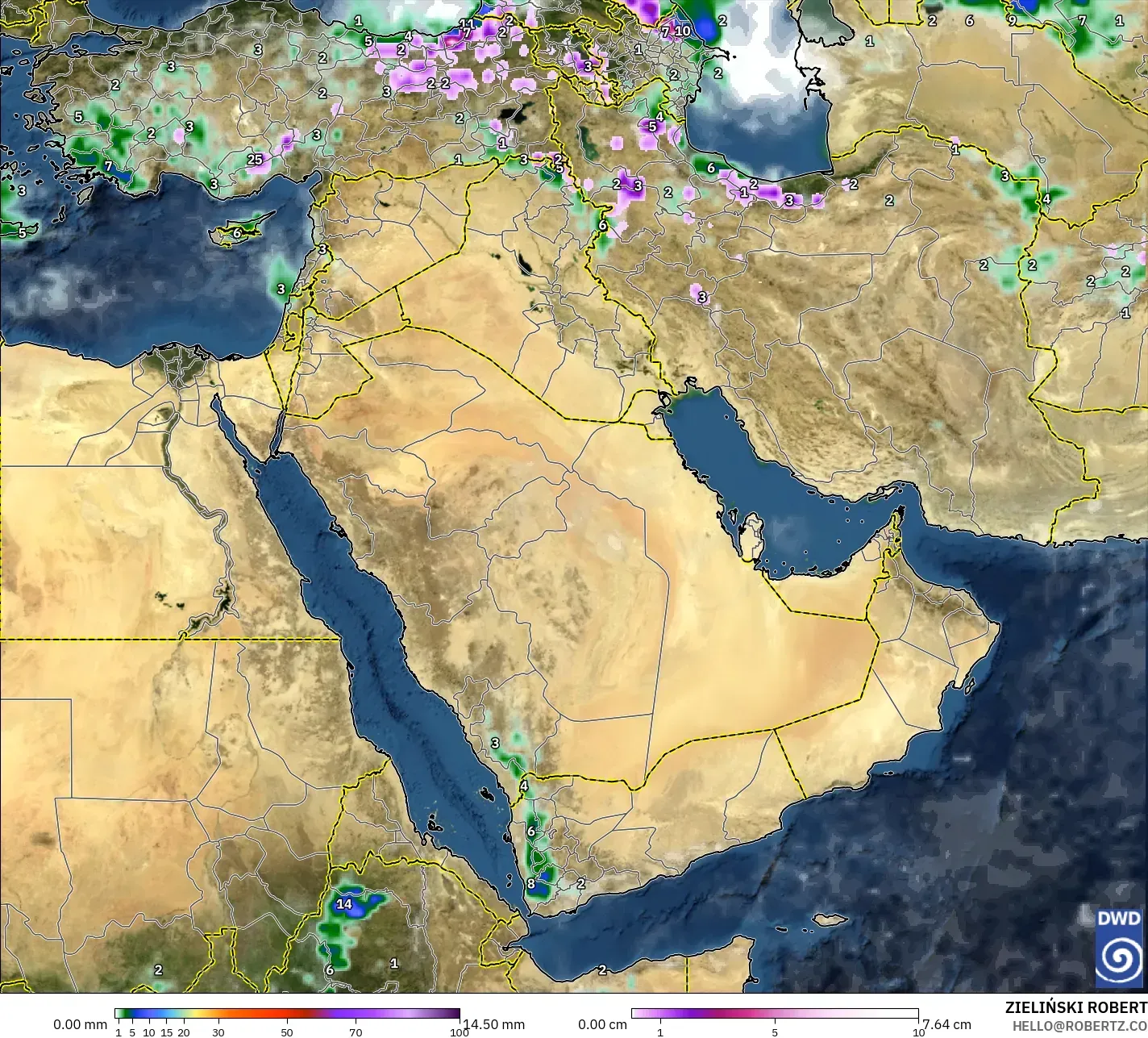 ICON modelo - Oriente Medio, Precipitación, nubes y presión