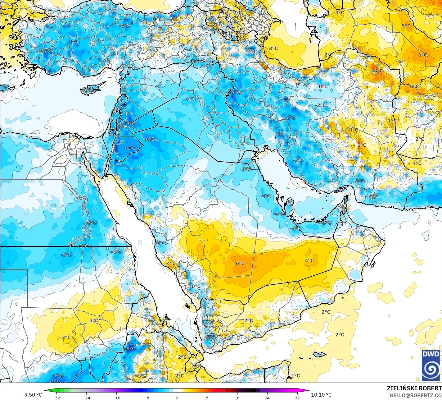 ICON modelo - Oriente Medio, Anomalía de temperatura a 2 m