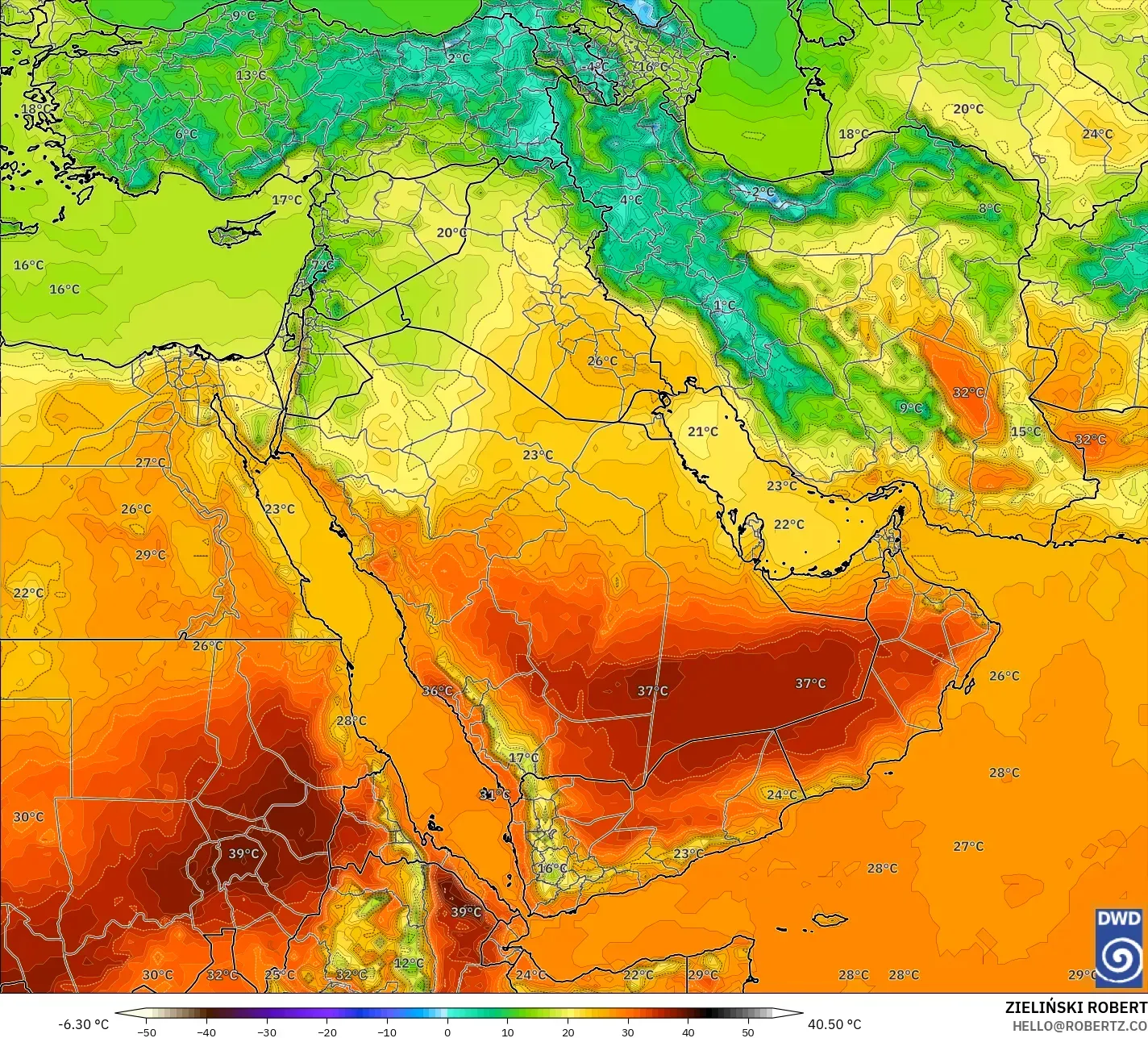 ICON modelo - Oriente Medio, Temperatura a 2 m