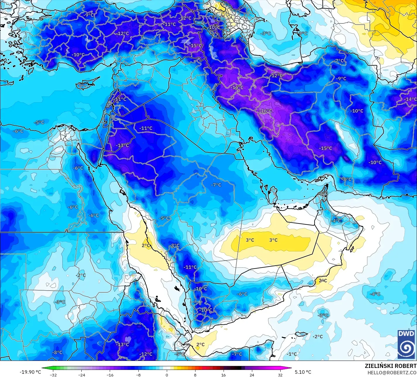 ICON modelo - Oriente Medio, Anomalía de temperatura a 850 hPa